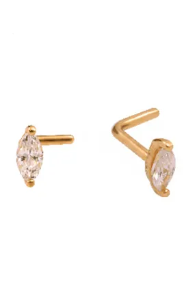 14K Solid Gold 20g Oval Marquise Cz Nose Stud Piercing