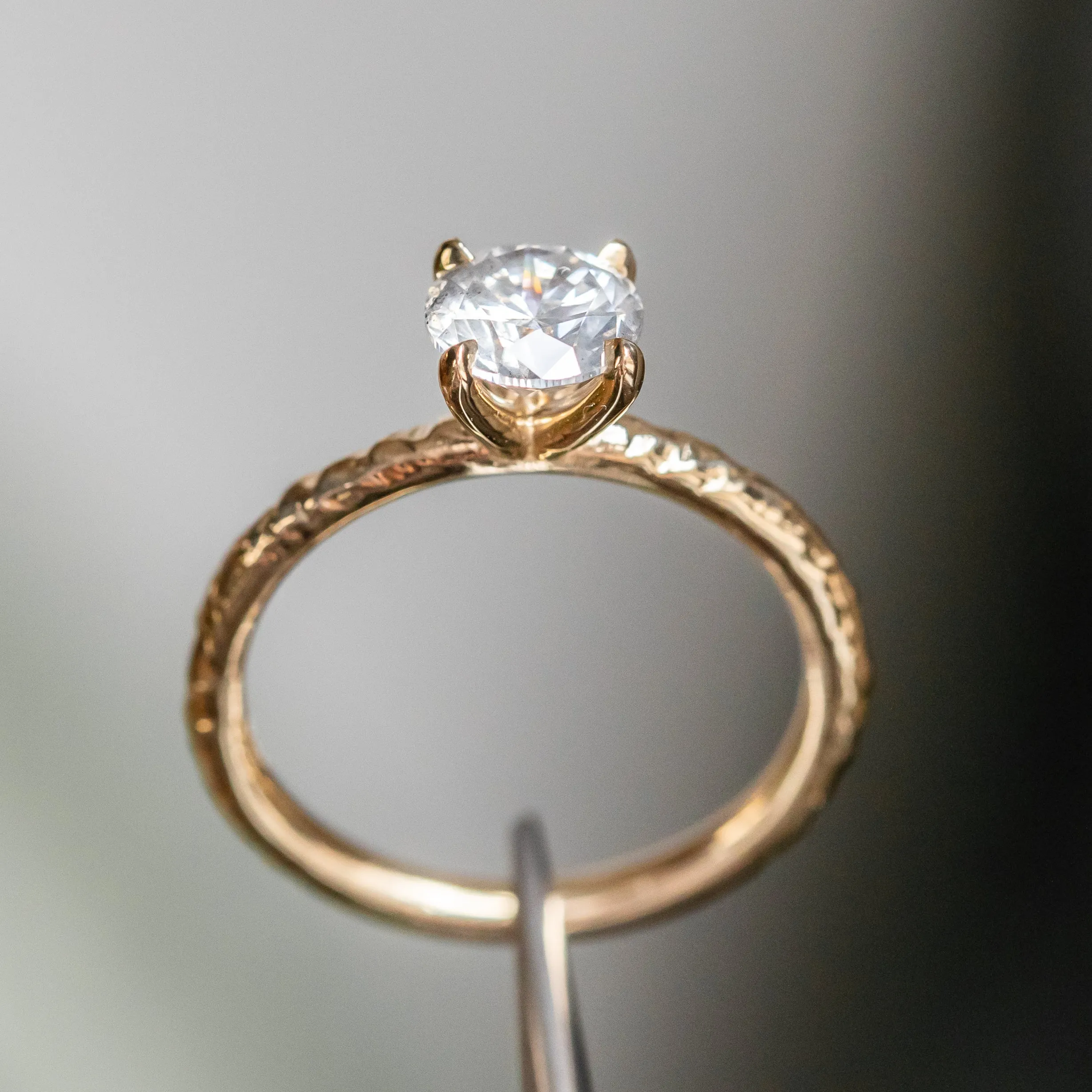 1.01ct Round Grey Diamond Evergreen Carved Solitaire Ring in 18k Yellow Gold