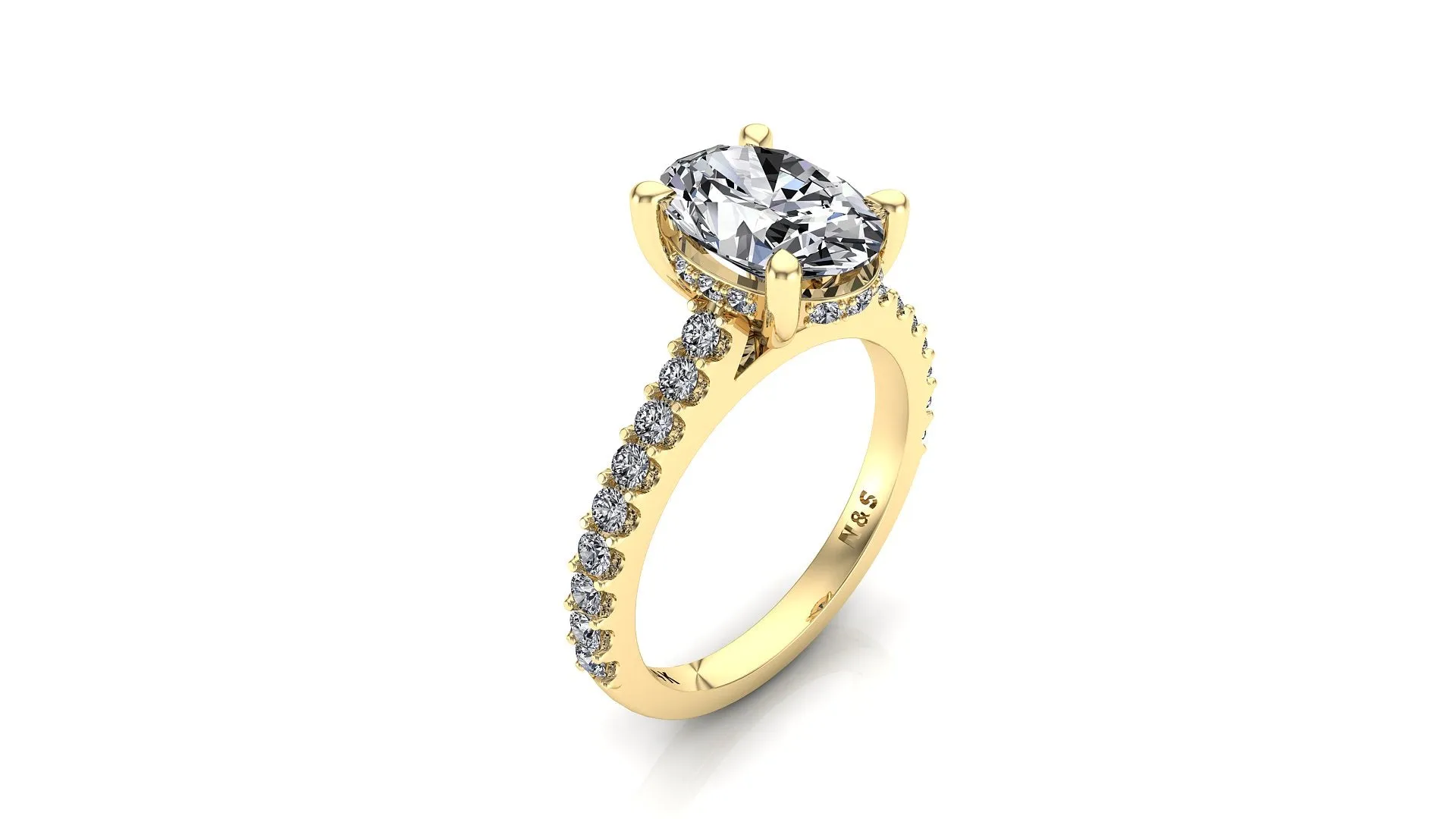 10x8mm (3.00ct)  ForeverOne Oval Moissanite Under Halo in 1.8mm Jennifer Diamond Band 14K Gold MOENG037