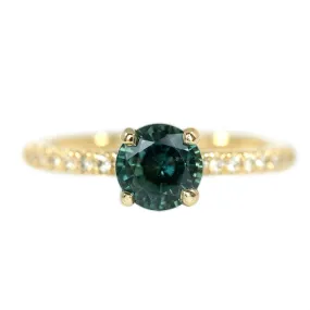 1.20ct Deep Teal Blue Green Sapphire with French Set Diamond Solitaire in 14k Yellow Gold