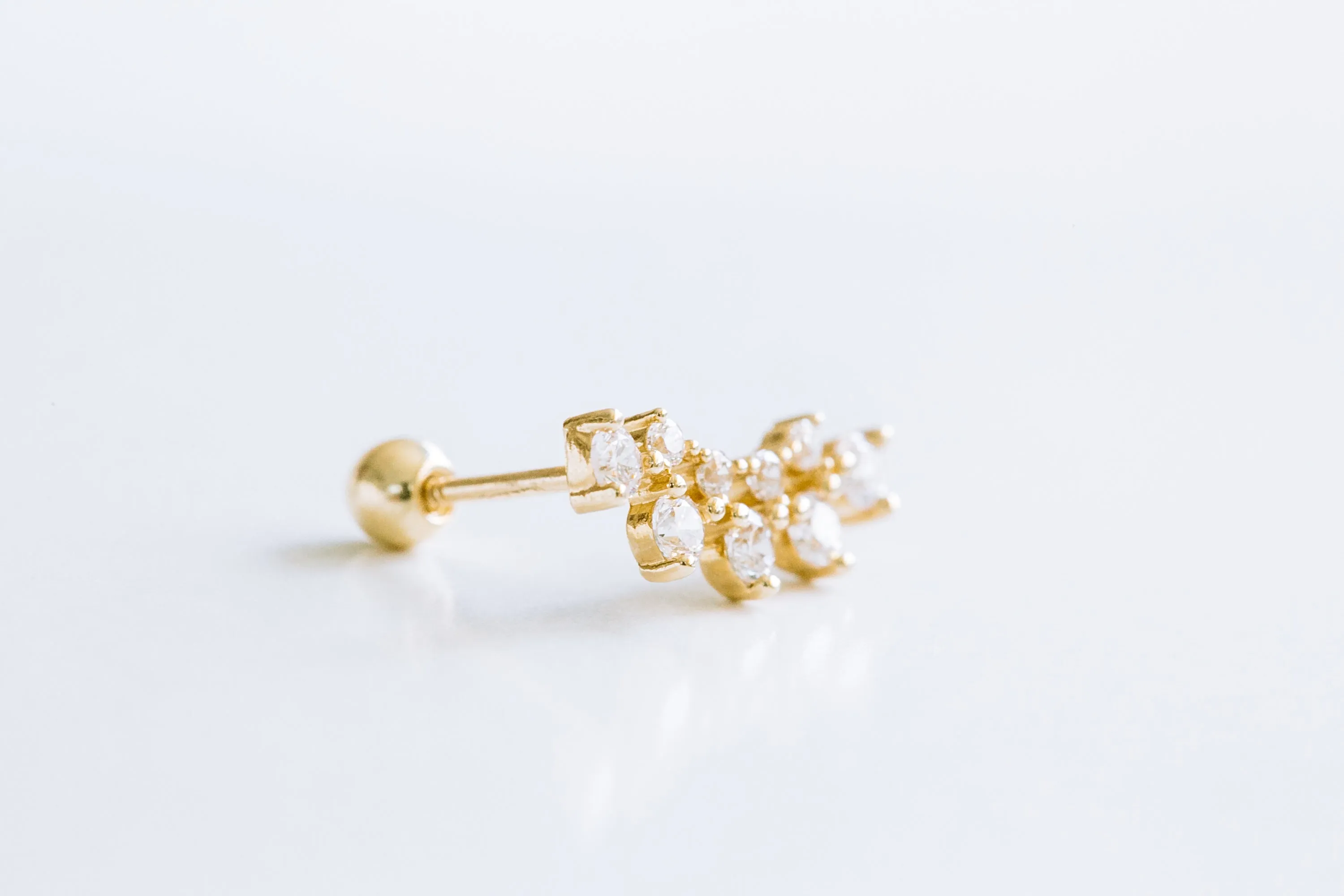 14k Solid Gold Cz Curved Line Barbell Ball Ear Stud Earring Piercing