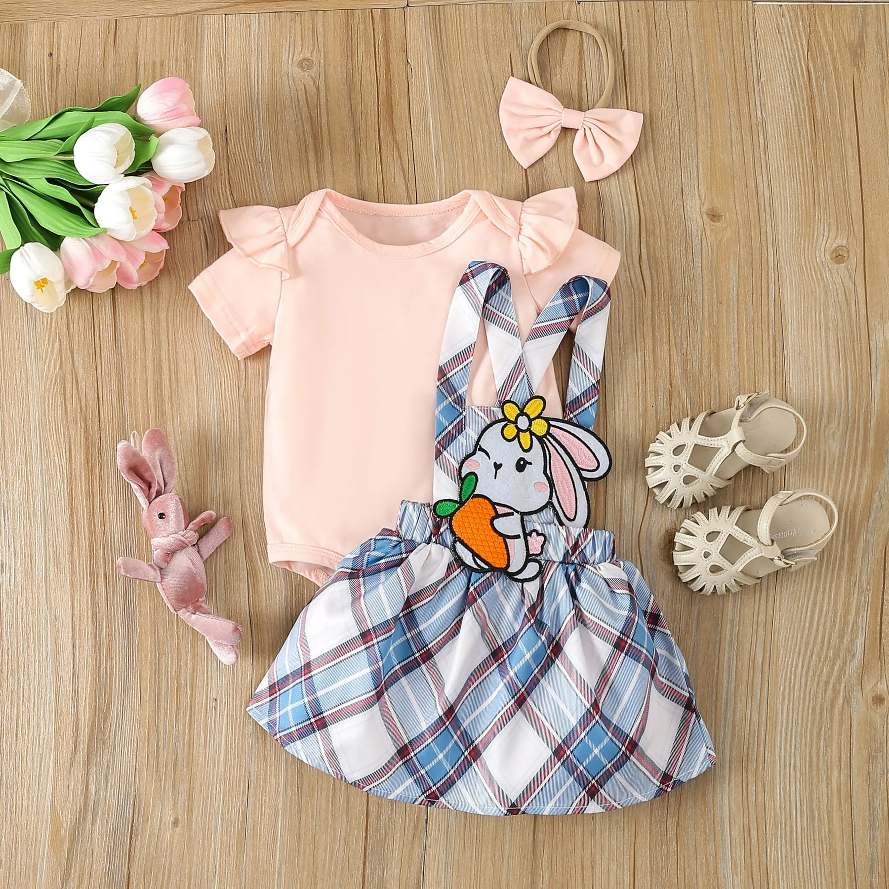 2 Pieces Set Baby Girls Solid Color Tops Checked And Cartoon Dresses Wholesale 24030147