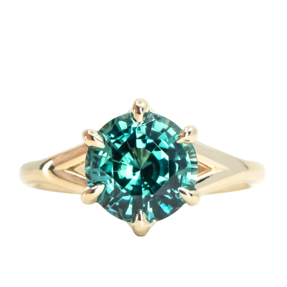 3.76ct Teal Round Sapphire Low Profile Six Prong Split Shank Solitaire in 14k Yellow Gold