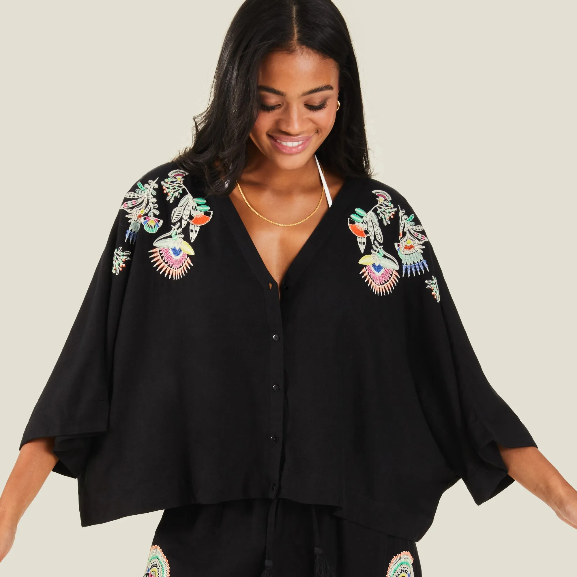 Accessorize London Women's Black Embroidered Beach Shirt X Small