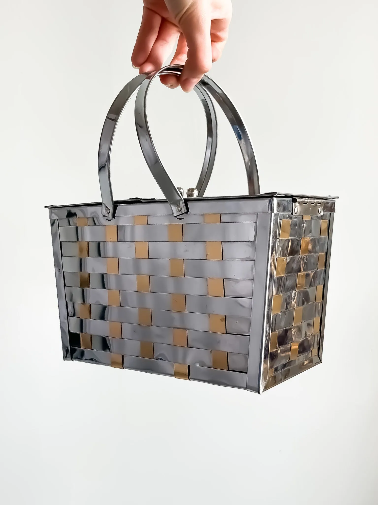 AMAZING 1950's Silver and Gold Metal 'Wicker' Basket Handbag