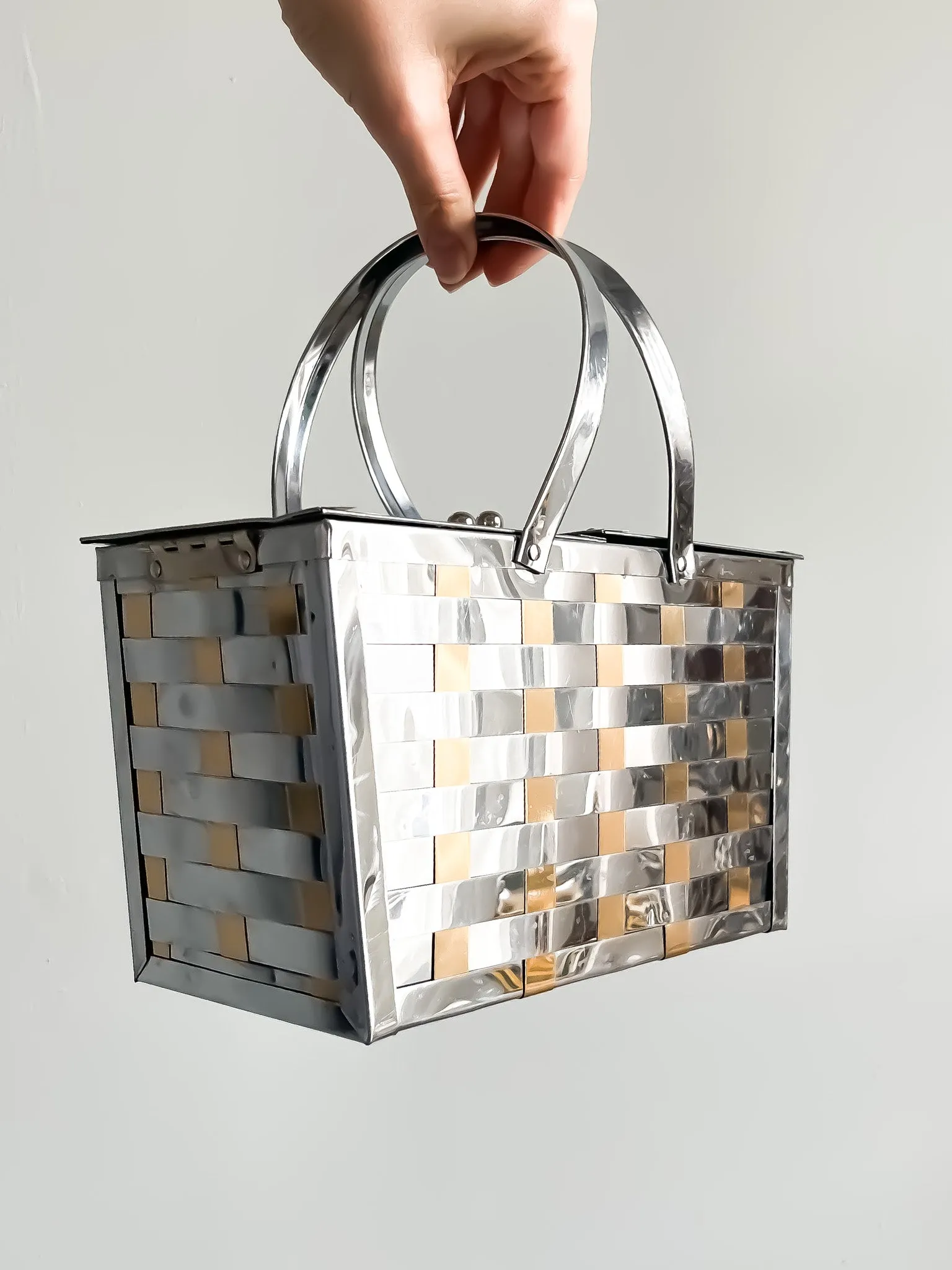 AMAZING 1950's Silver and Gold Metal 'Wicker' Basket Handbag