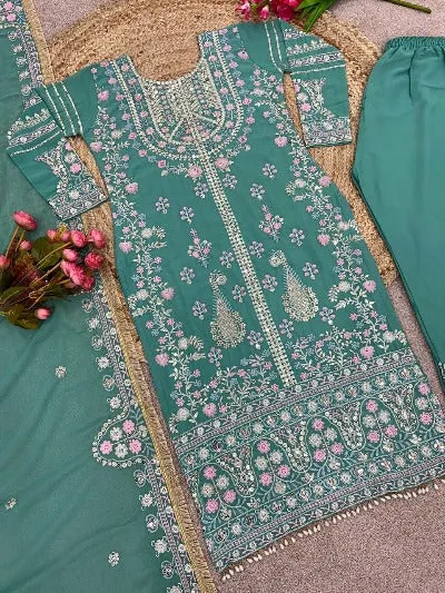 Aqua Green Georgette Heavy Embroidered Work Palazzo Suit Set