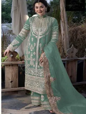 Aqua Green Georgette Heavy Embroidered Work Palazzo Suit Set