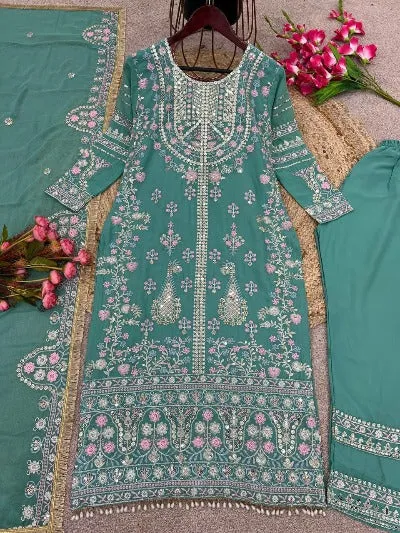 Aqua Green Georgette Heavy Embroidered Work Palazzo Suit Set