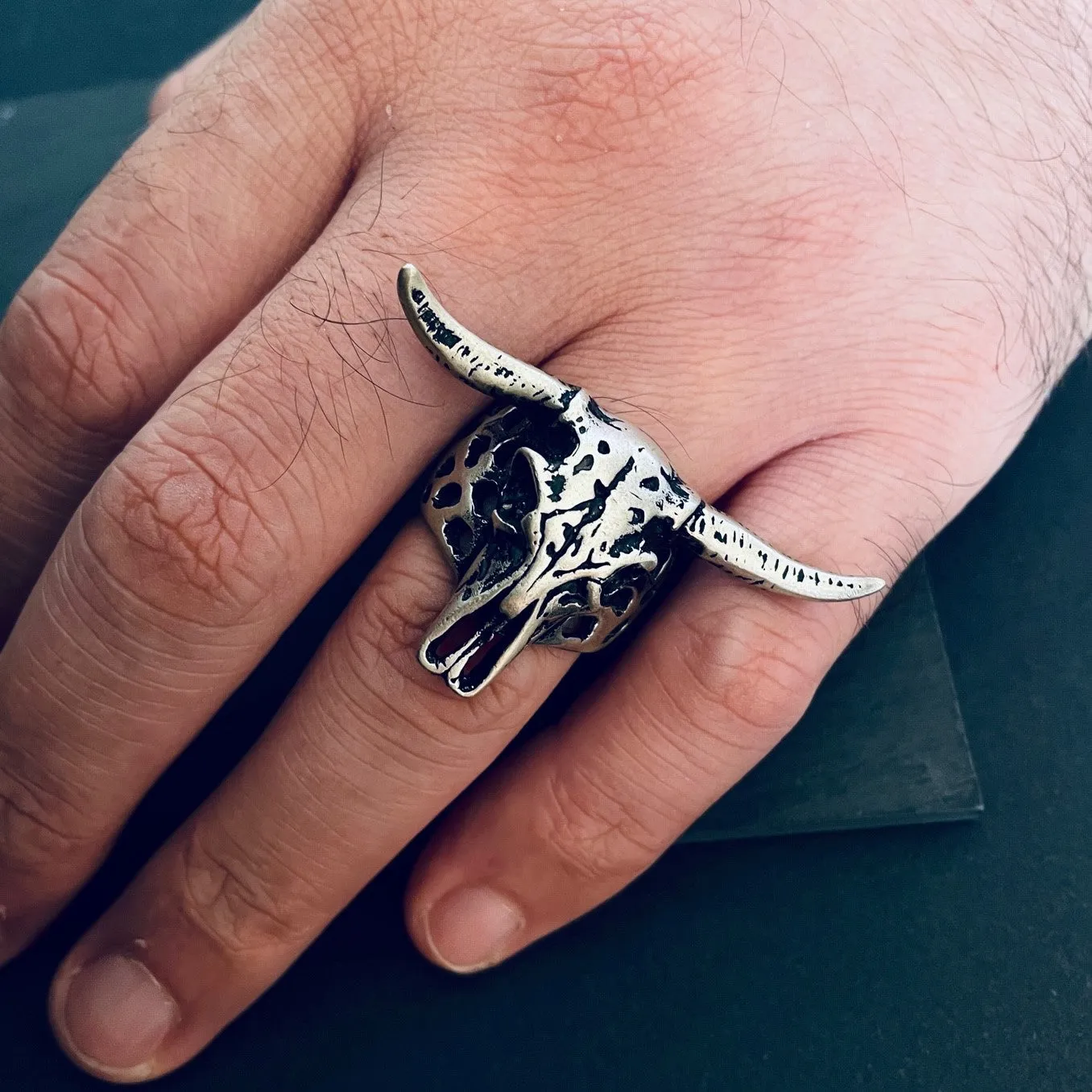 Big Bull Ring Solid Sterling Silver Oxidized Longhorn Heavy Skull