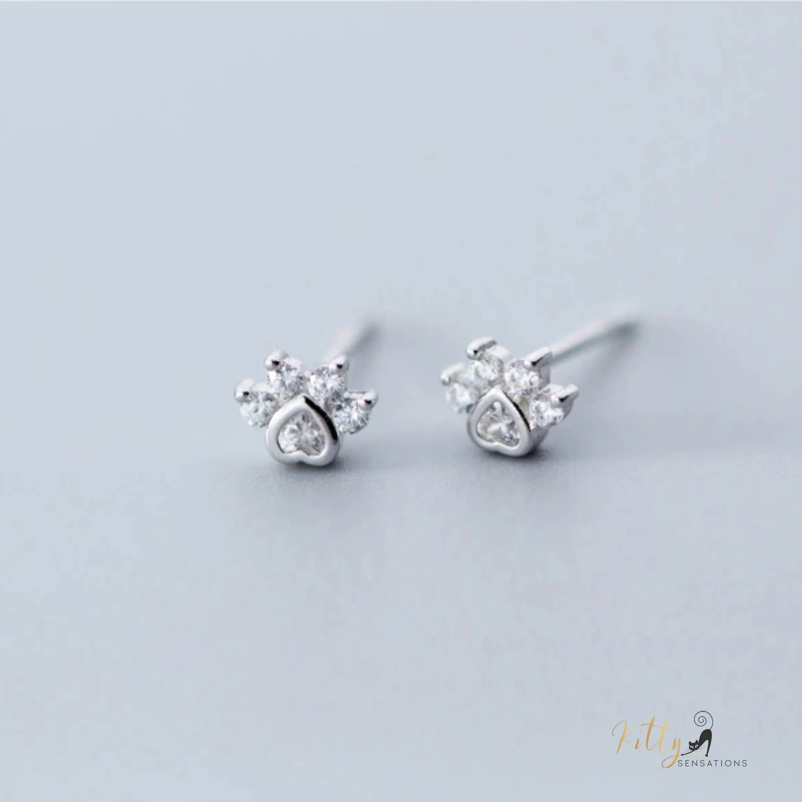 Clear CZ Kitty Paw Stud Earrings in Solid 925 Sterling Silver