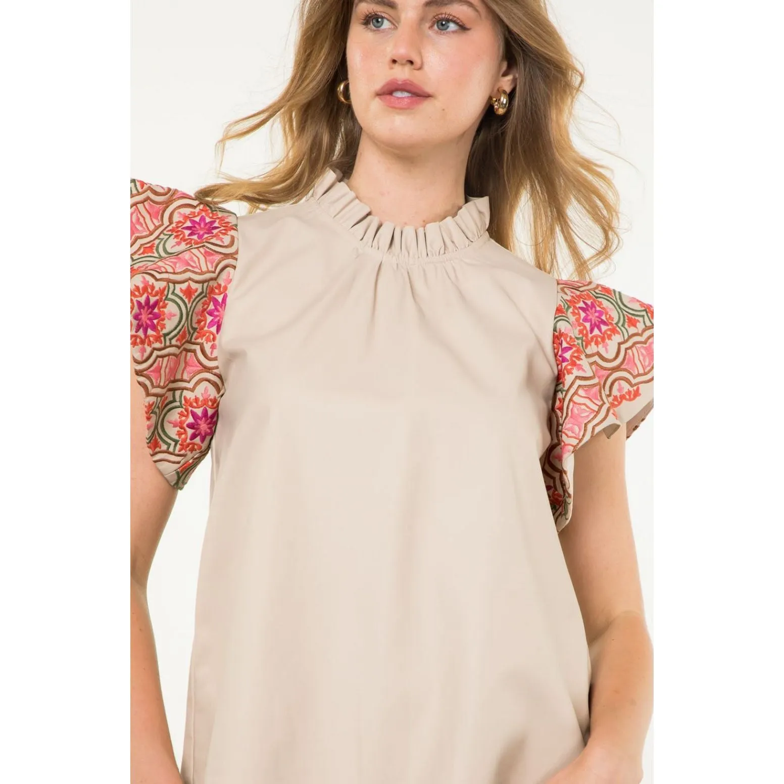 Darcey Embroidered Sleeve Tan Leather Textured THML Top