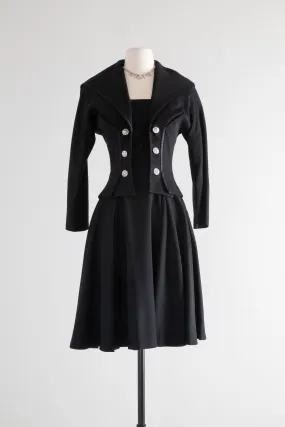 Darling 1940's Black Gabardine Cocktail Dress With Button Jacket / SM