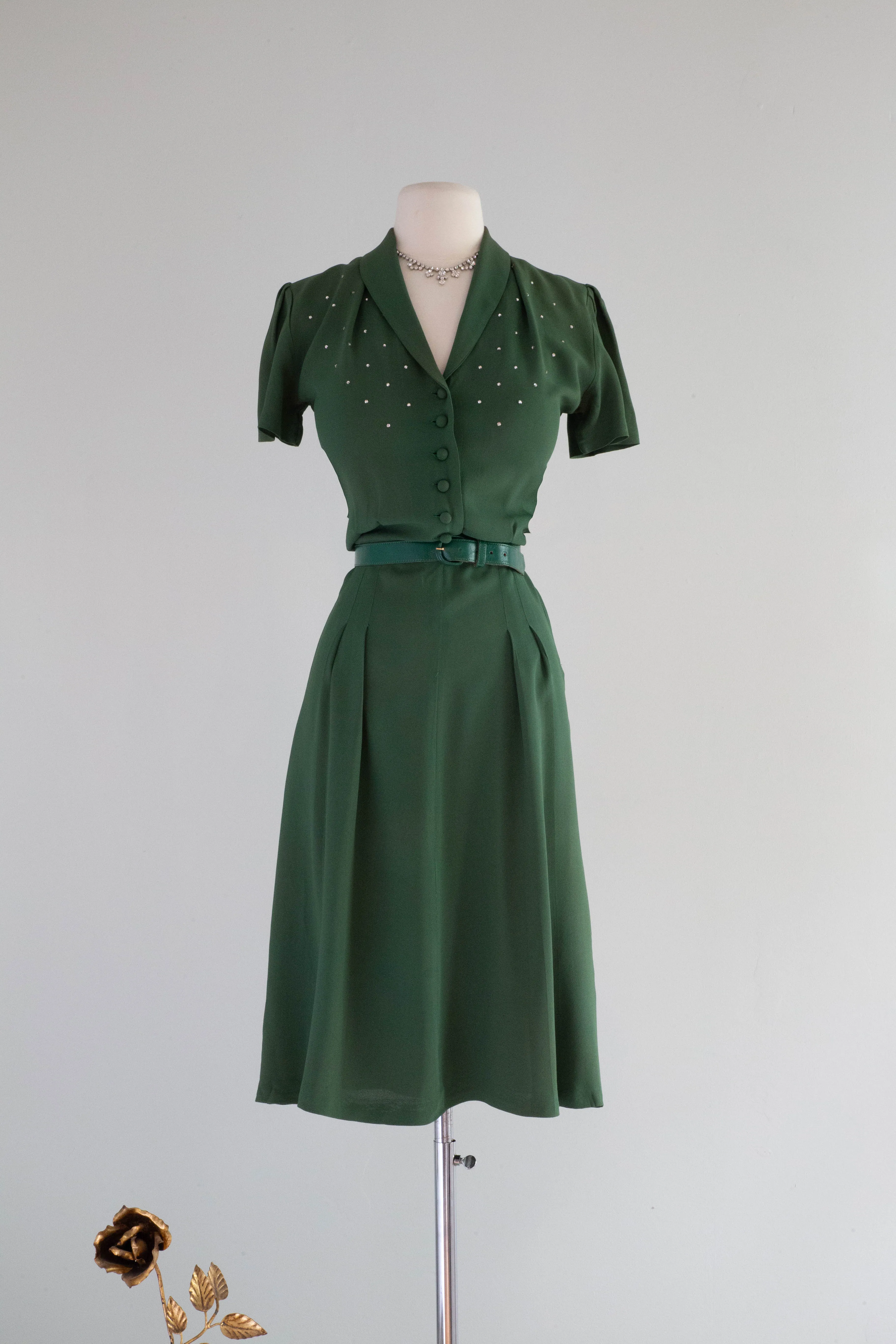 Darling 1940's Emerald Rayon Swing Dress With Rhinestones / XS