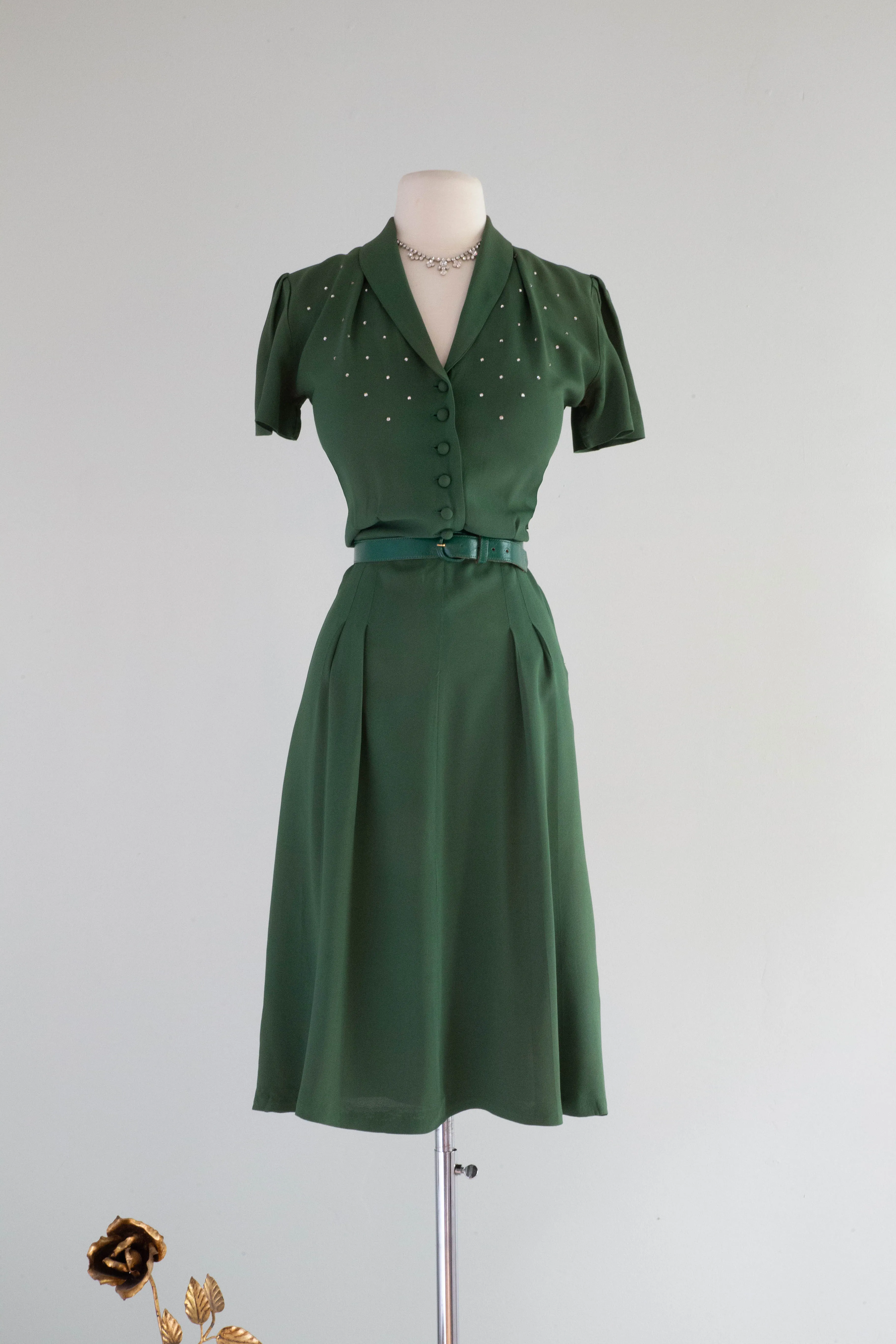 Darling 1940's Emerald Rayon Swing Dress With Rhinestones / XS