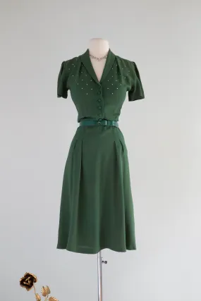 Darling 1940's Emerald Rayon Swing Dress With Rhinestones / XS