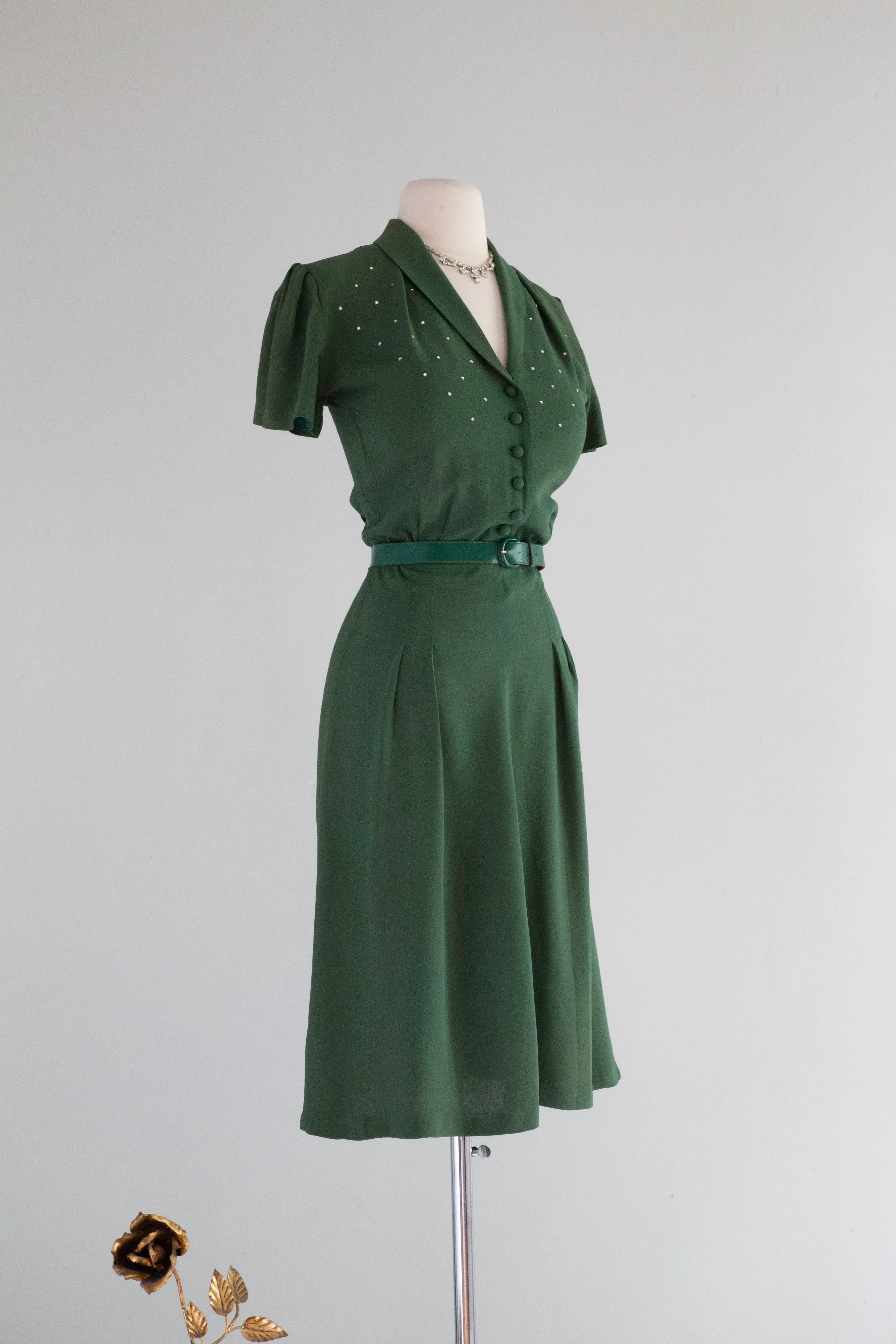 Darling 1940's Emerald Rayon Swing Dress With Rhinestones / XS