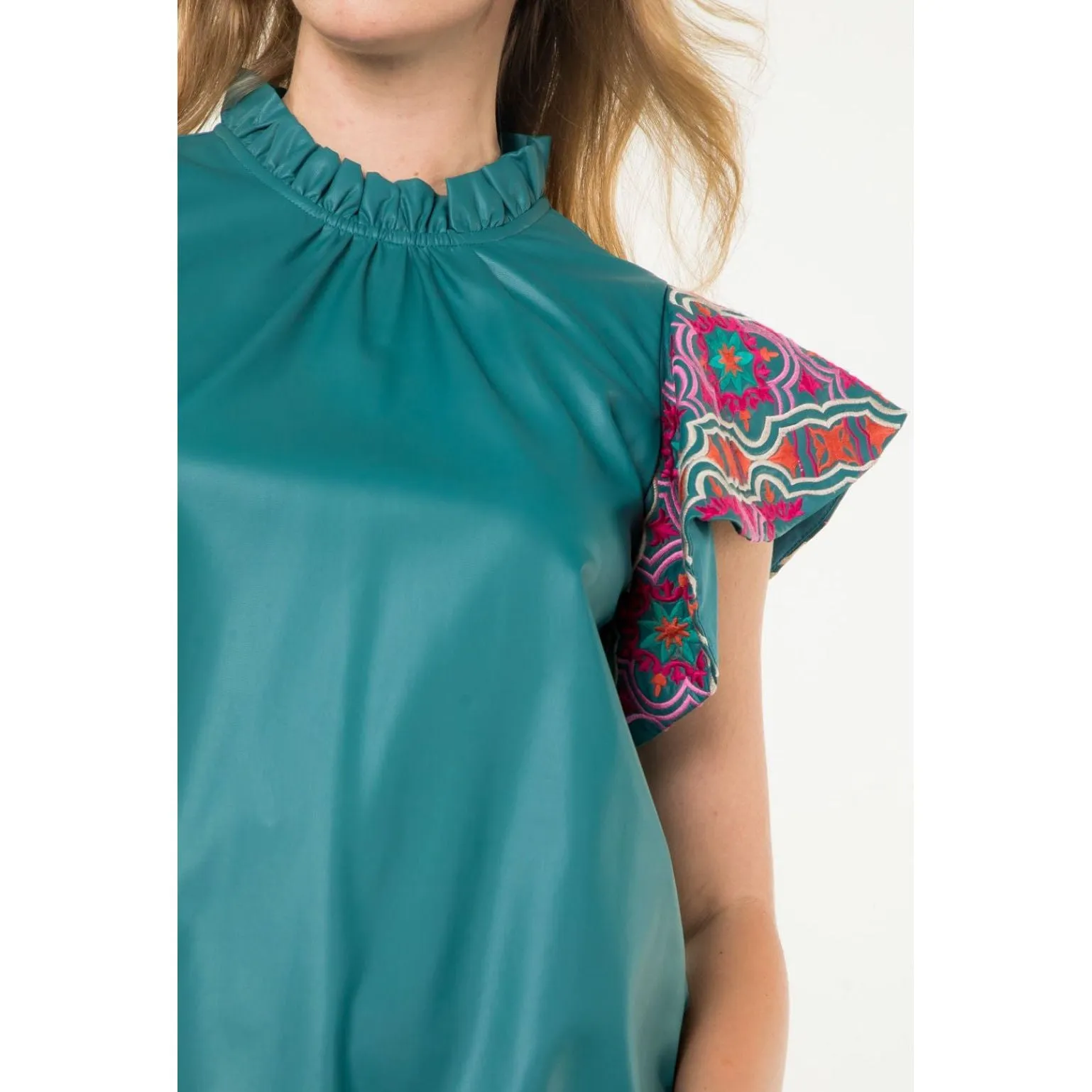 Davie Embroidered Sleeve Teal Leather Textured THML Top