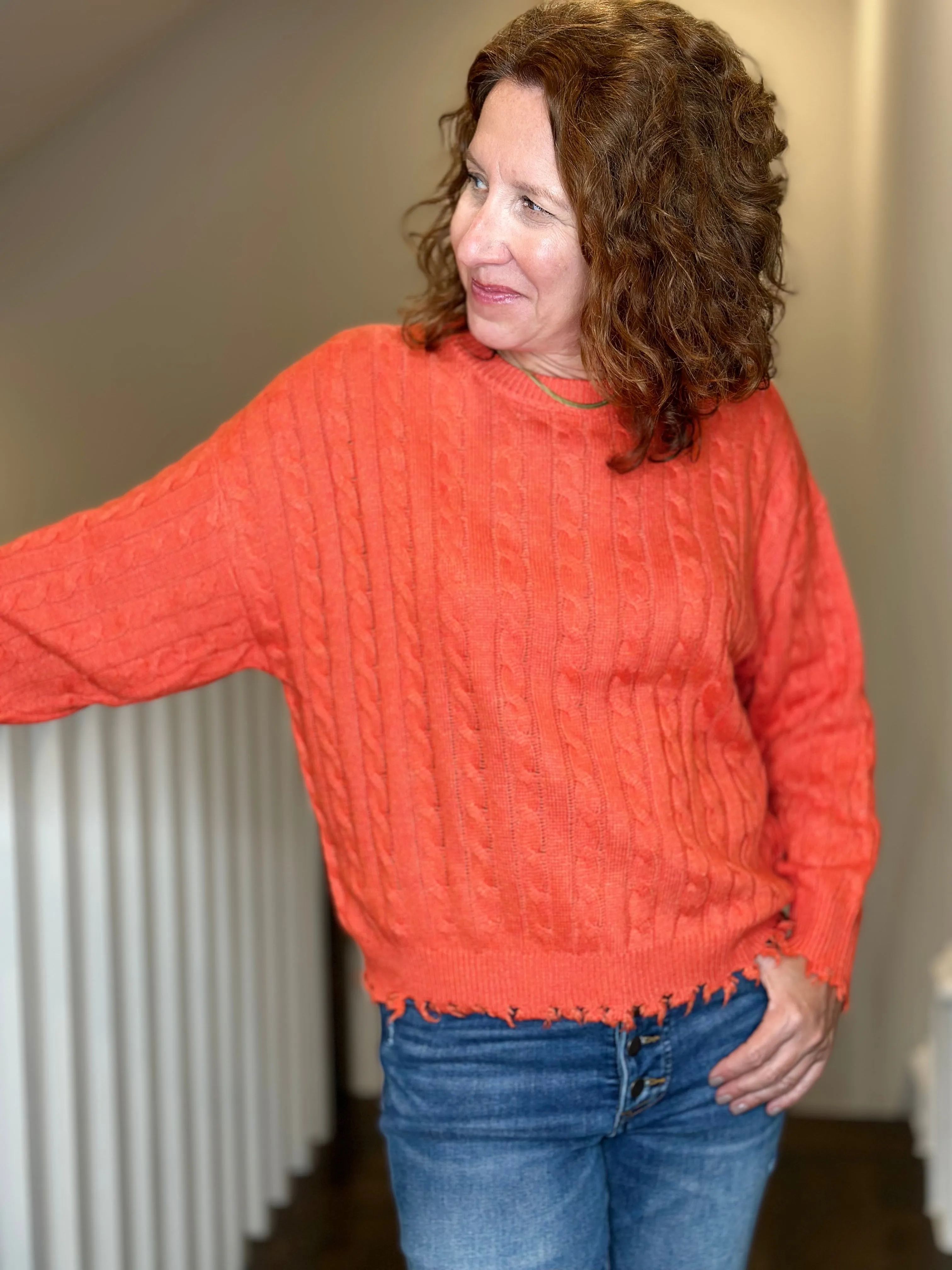 Esqualo Cable Knit Sweater w Raw Edge in Orange