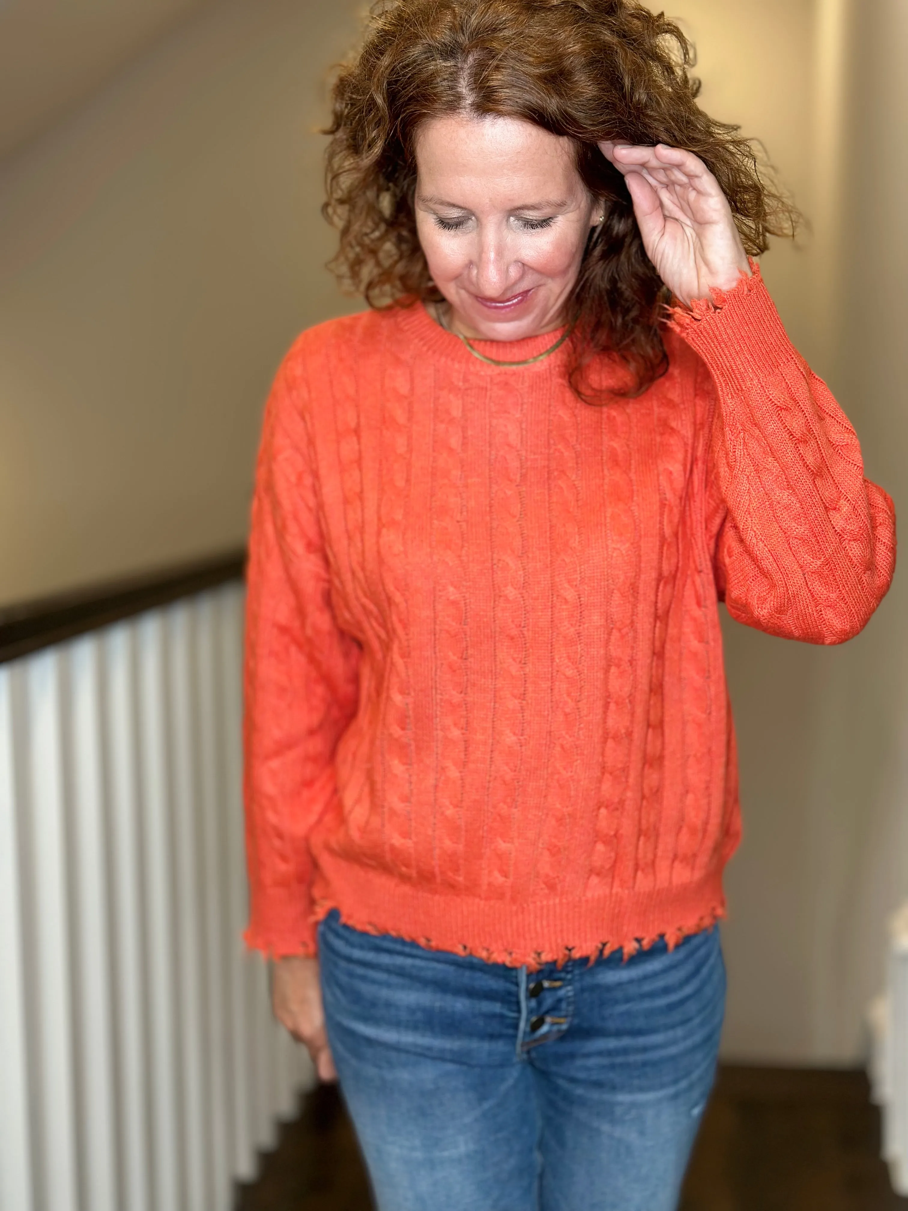 Esqualo Cable Knit Sweater w Raw Edge in Orange