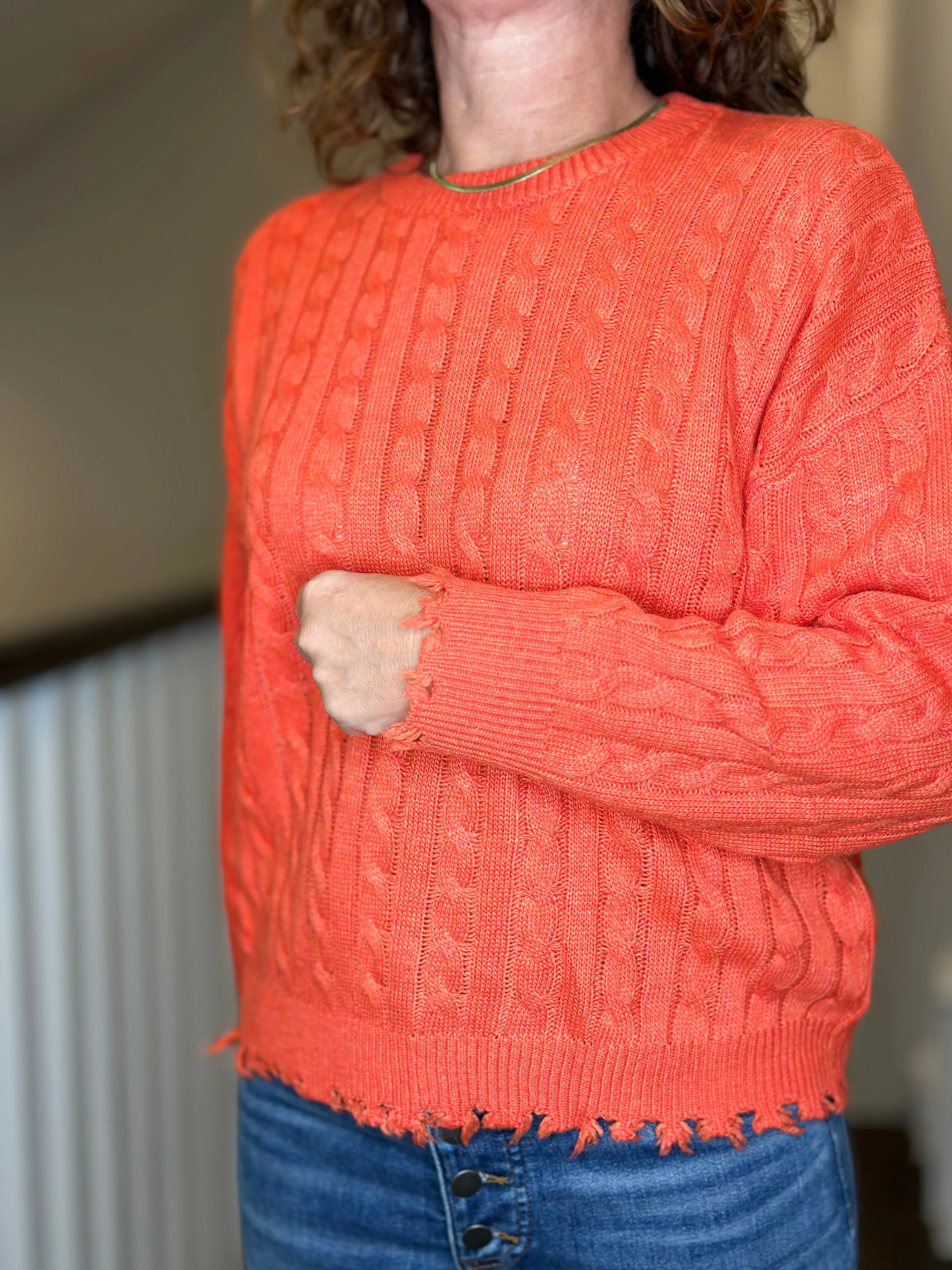 Esqualo Cable Knit Sweater w Raw Edge in Orange