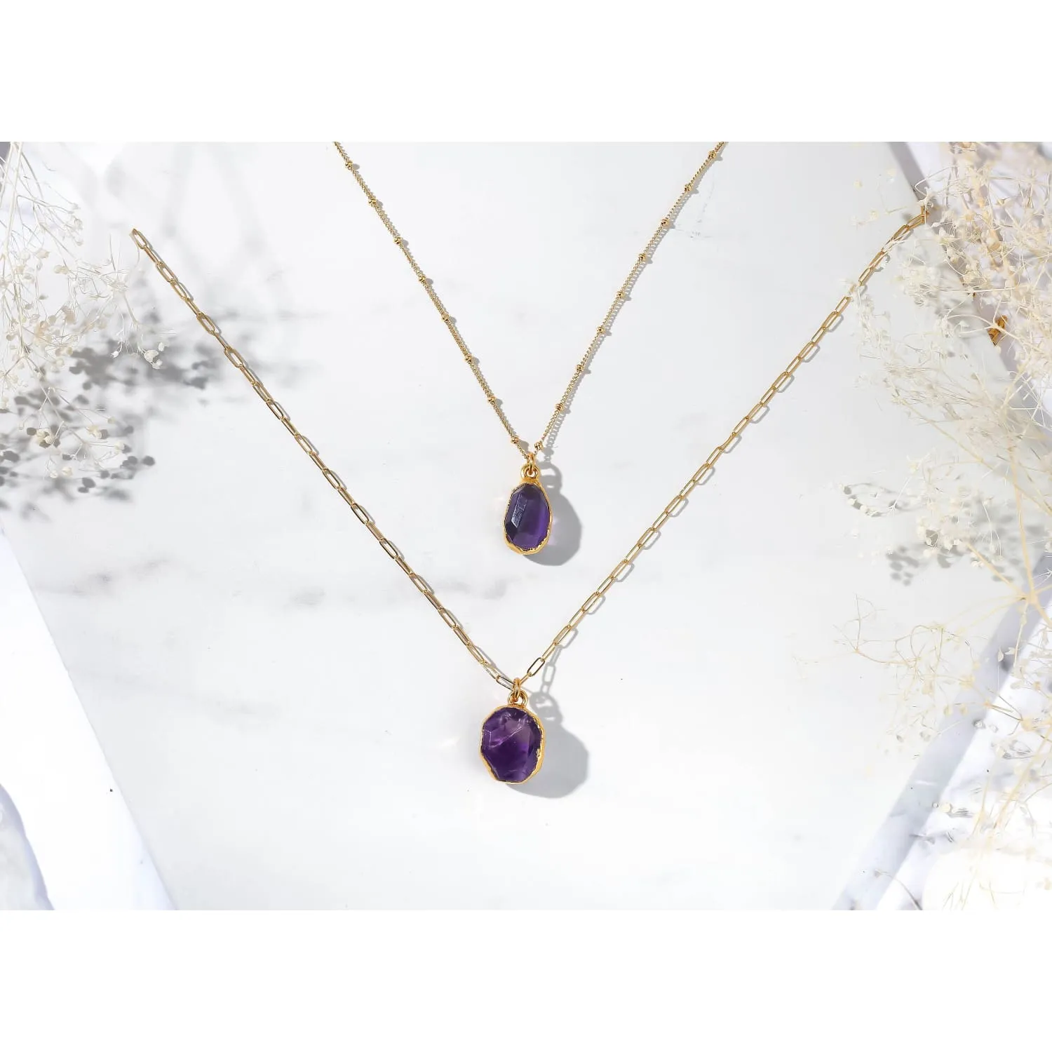 Geo Raw Amethyst Necklace, Gold Filled Beaded Chain, 24k Dip, Raw Gemstone Crystal Pendant, Ships Fast, Made in USA • 24k Dip