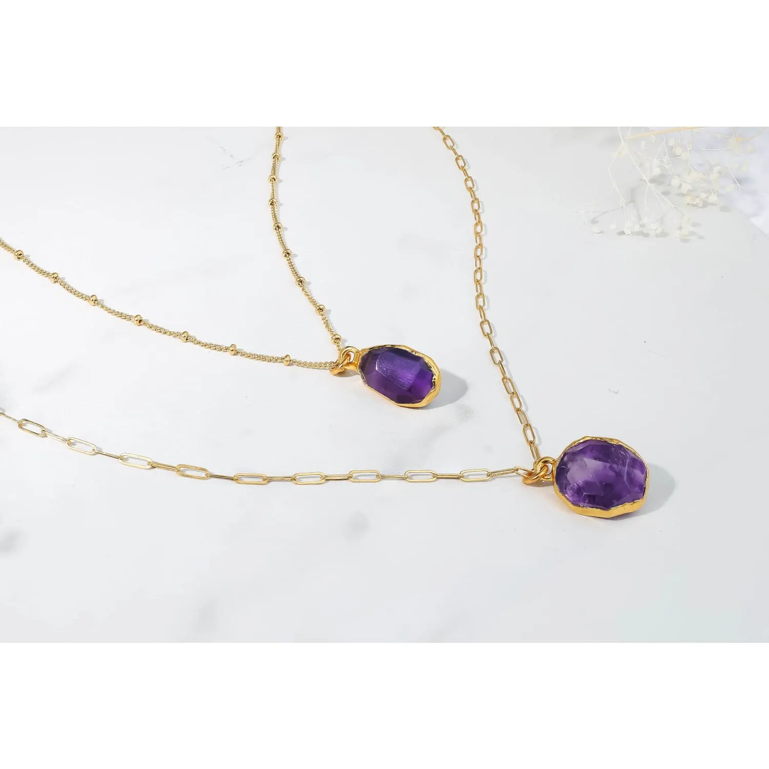 Geo Raw Amethyst Necklace, Gold Filled Beaded Chain, 24k Dip, Raw Gemstone Crystal Pendant, Ships Fast, Made in USA • 24k Dip