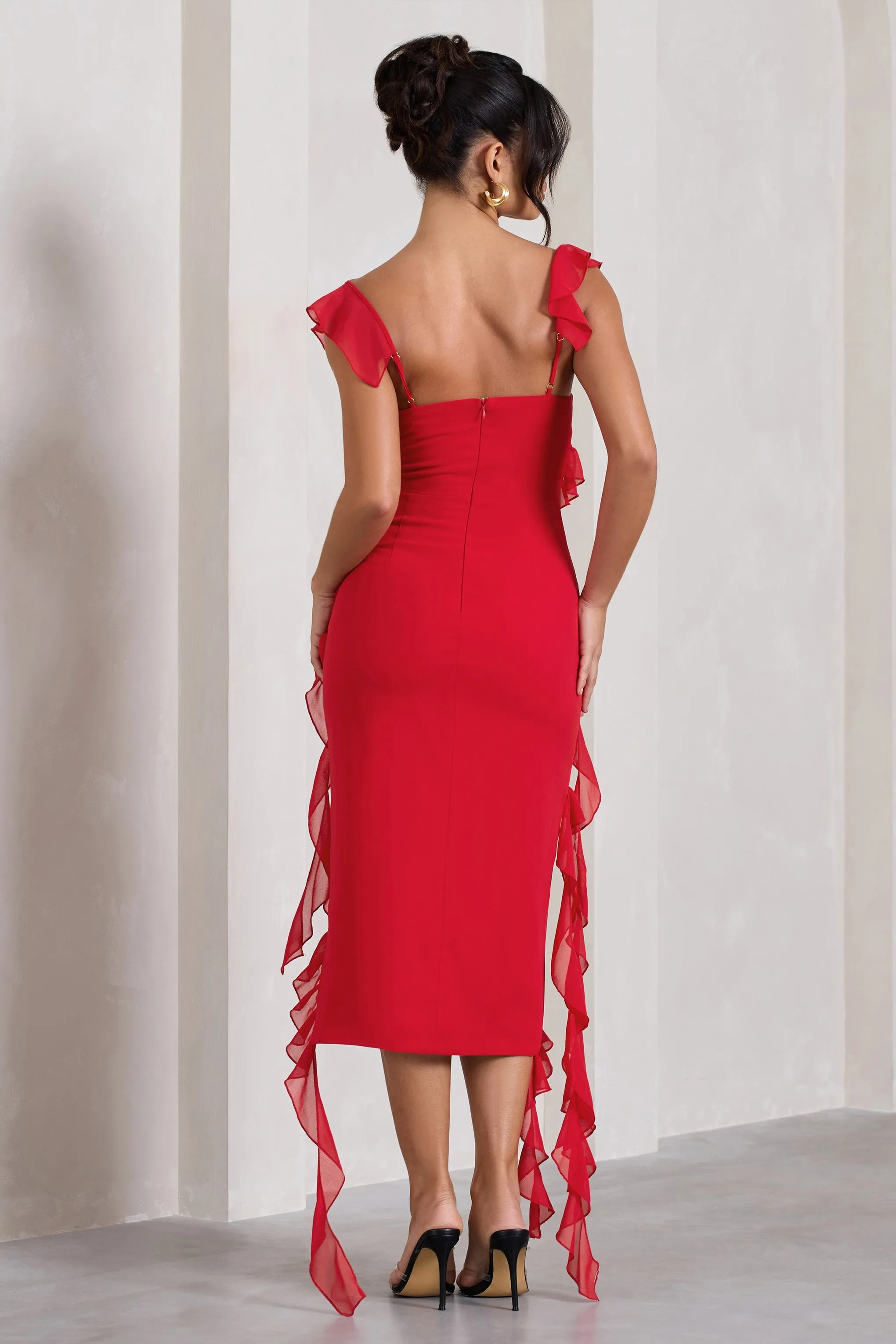 Havana Heat | Red Cowl Ruffle Chiffon Midi Dress