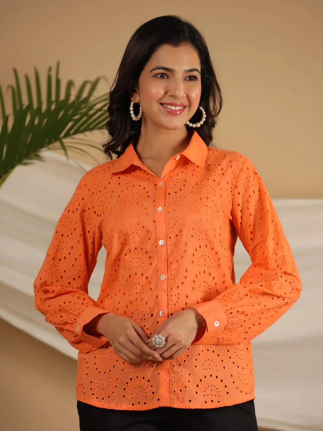 Juniper Orange Cotton Schiffli Women Solid Shirt With Broad Cuff