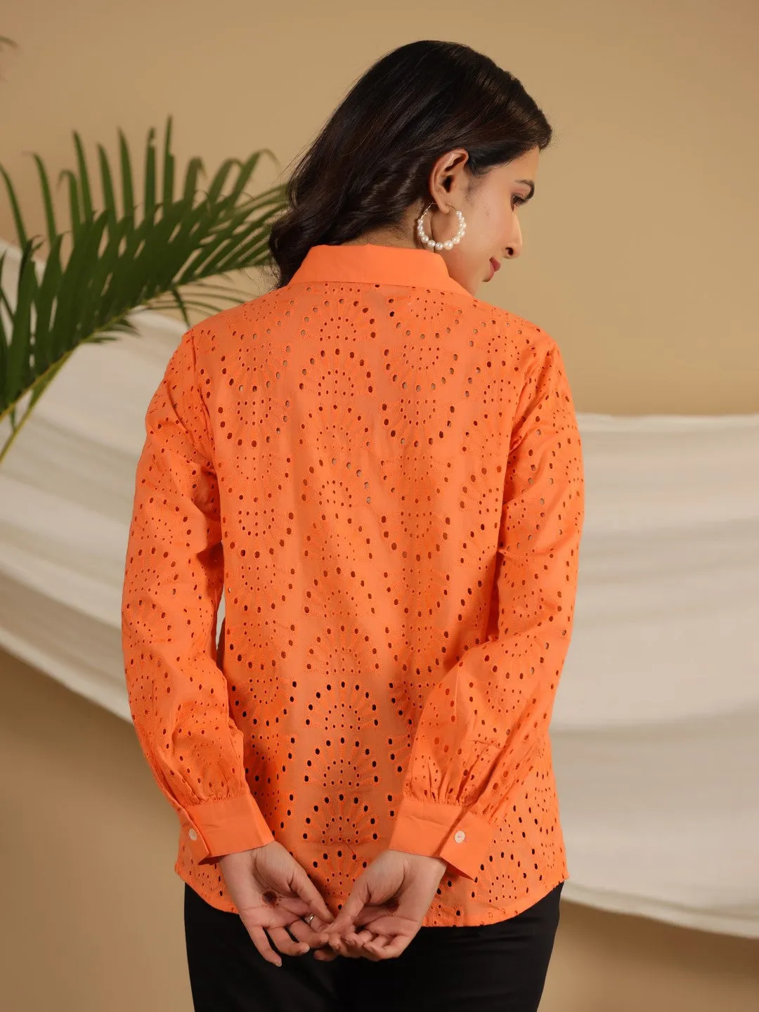 Juniper Orange Cotton Schiffli Women Solid Shirt With Broad Cuff