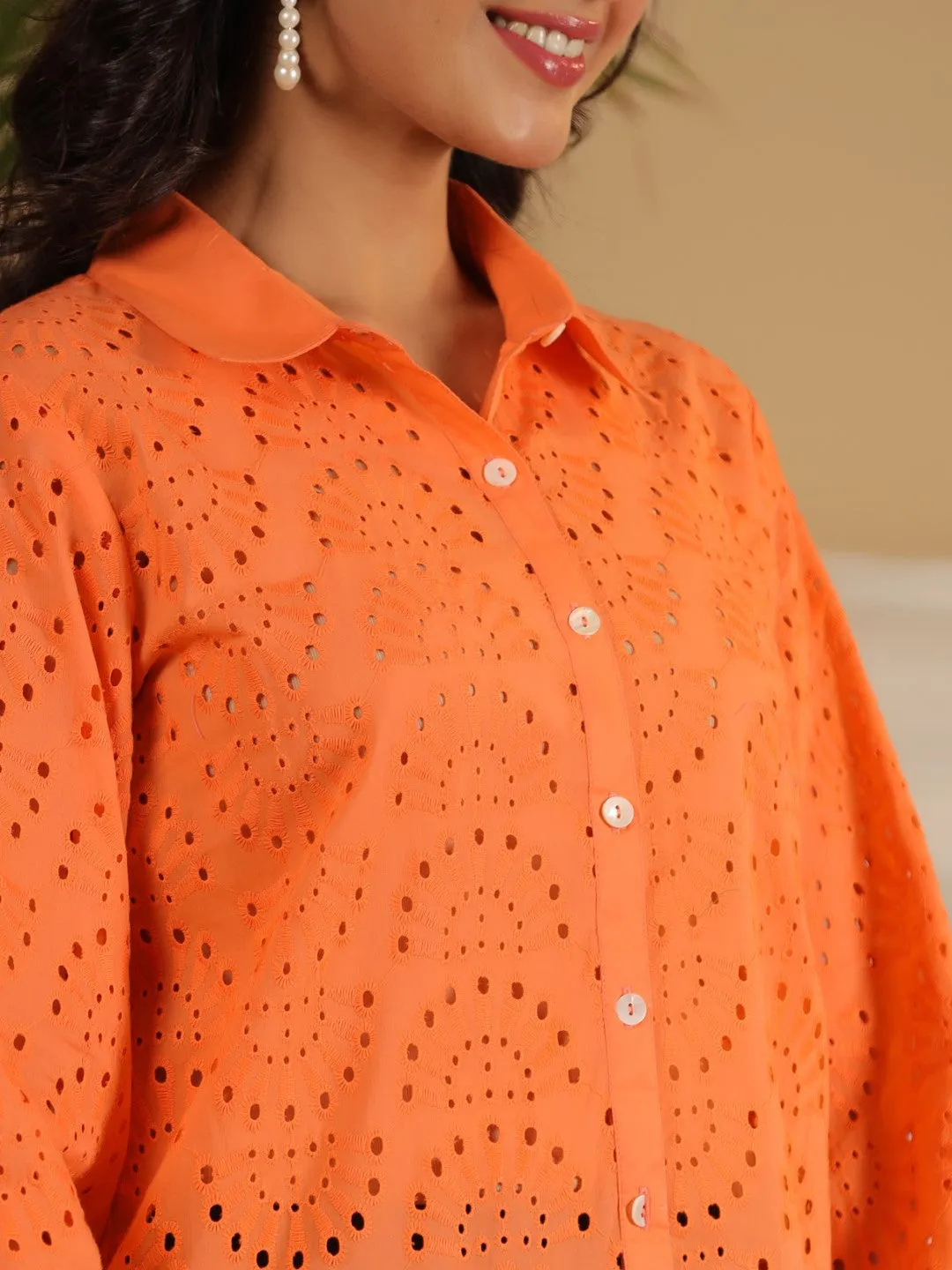 Juniper Orange Cotton Schiffli Women Solid Shirt With Broad Cuff