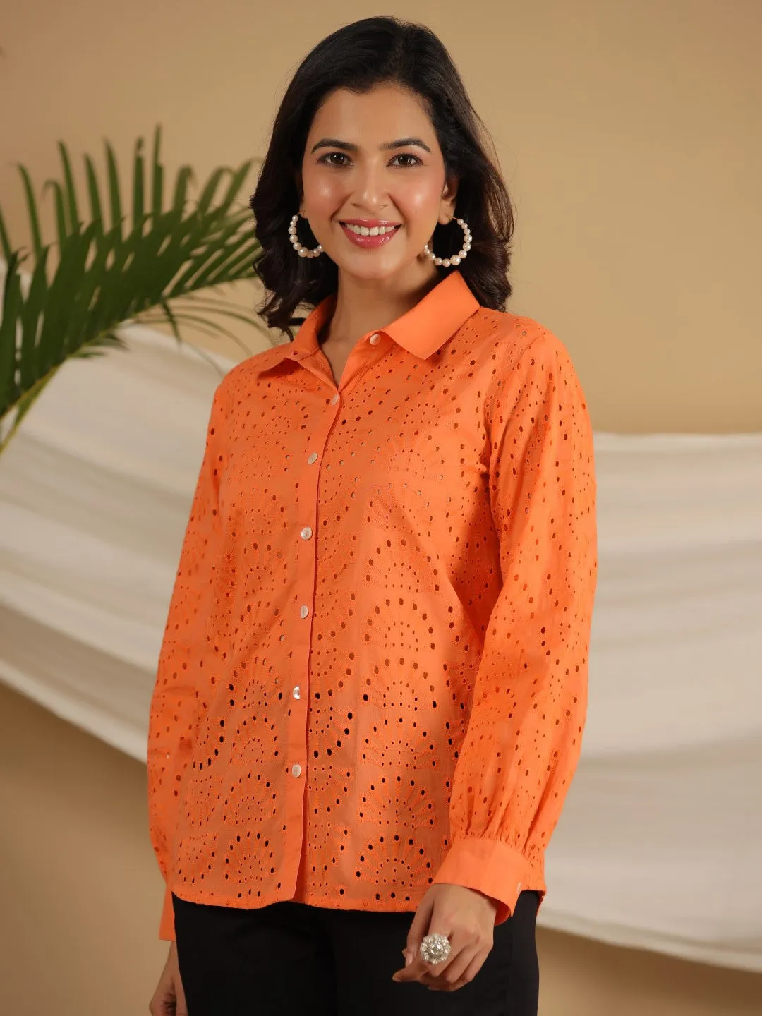 Juniper Orange Cotton Schiffli Women Solid Shirt With Broad Cuff