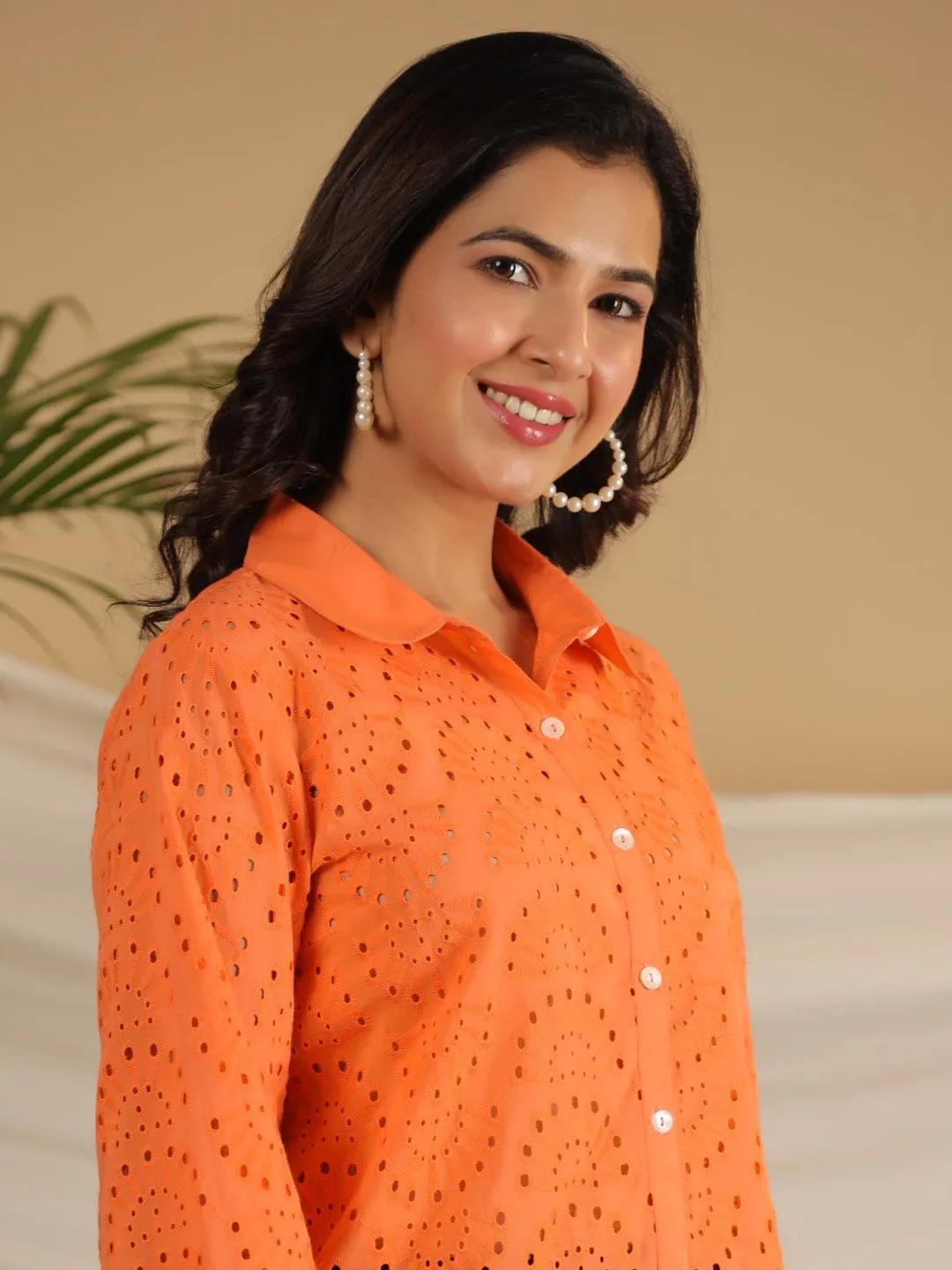 Juniper Orange Cotton Schiffli Women Solid Shirt With Broad Cuff