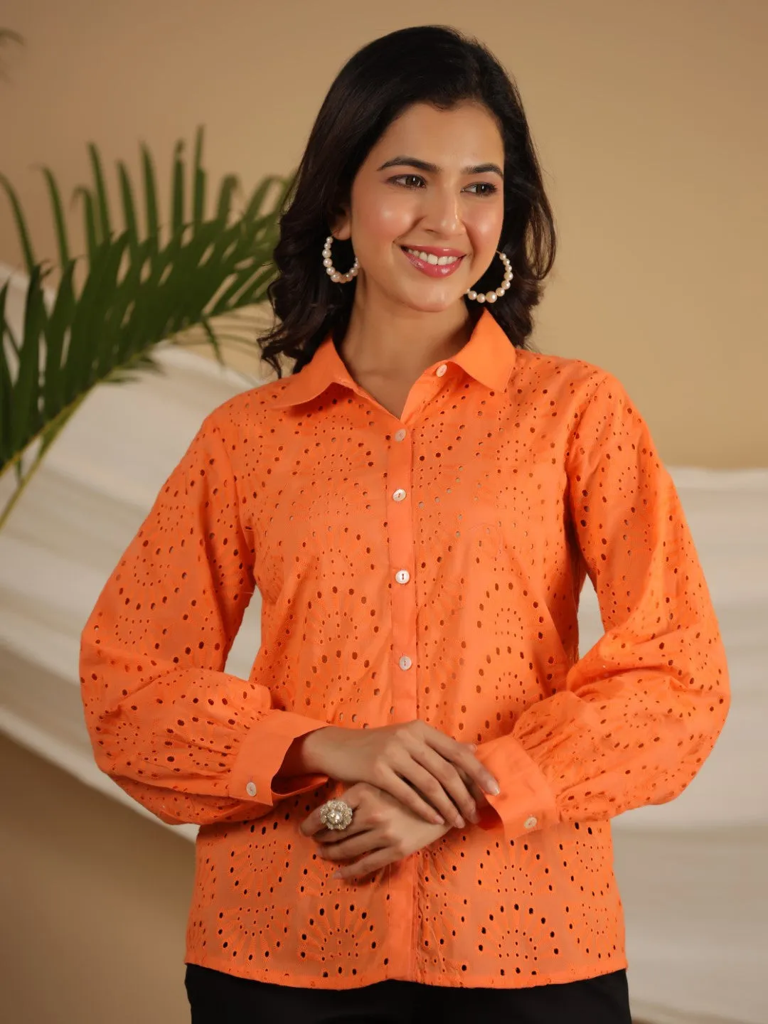 Juniper Orange Cotton Schiffli Women Solid Shirt With Broad Cuff