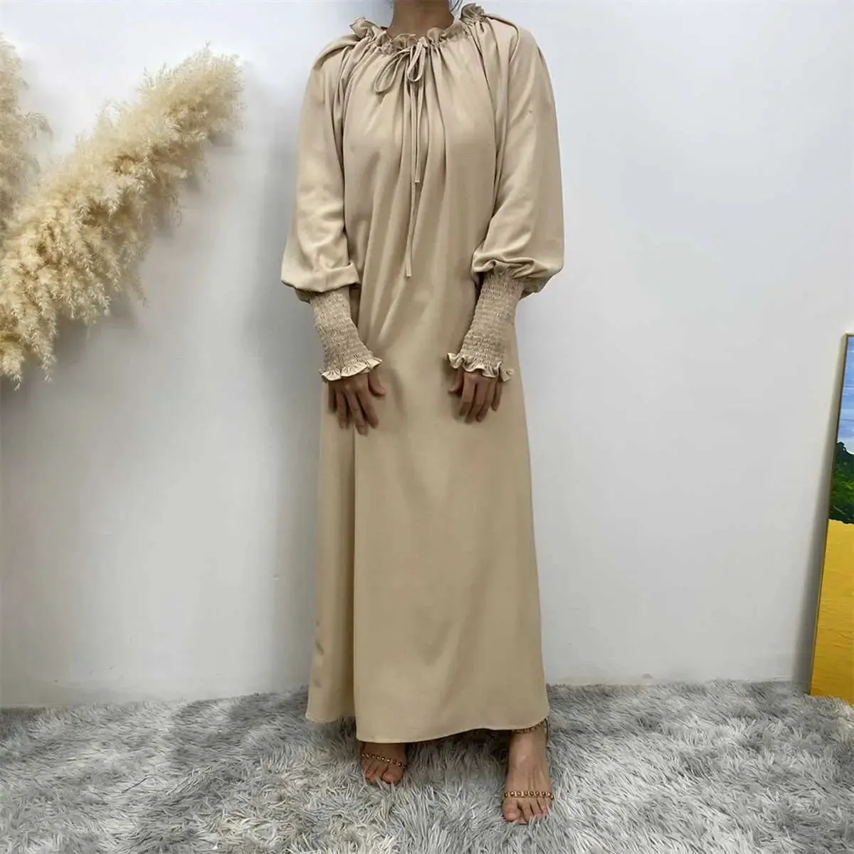 Middle East Arab Women Solid Color Abaya Dress