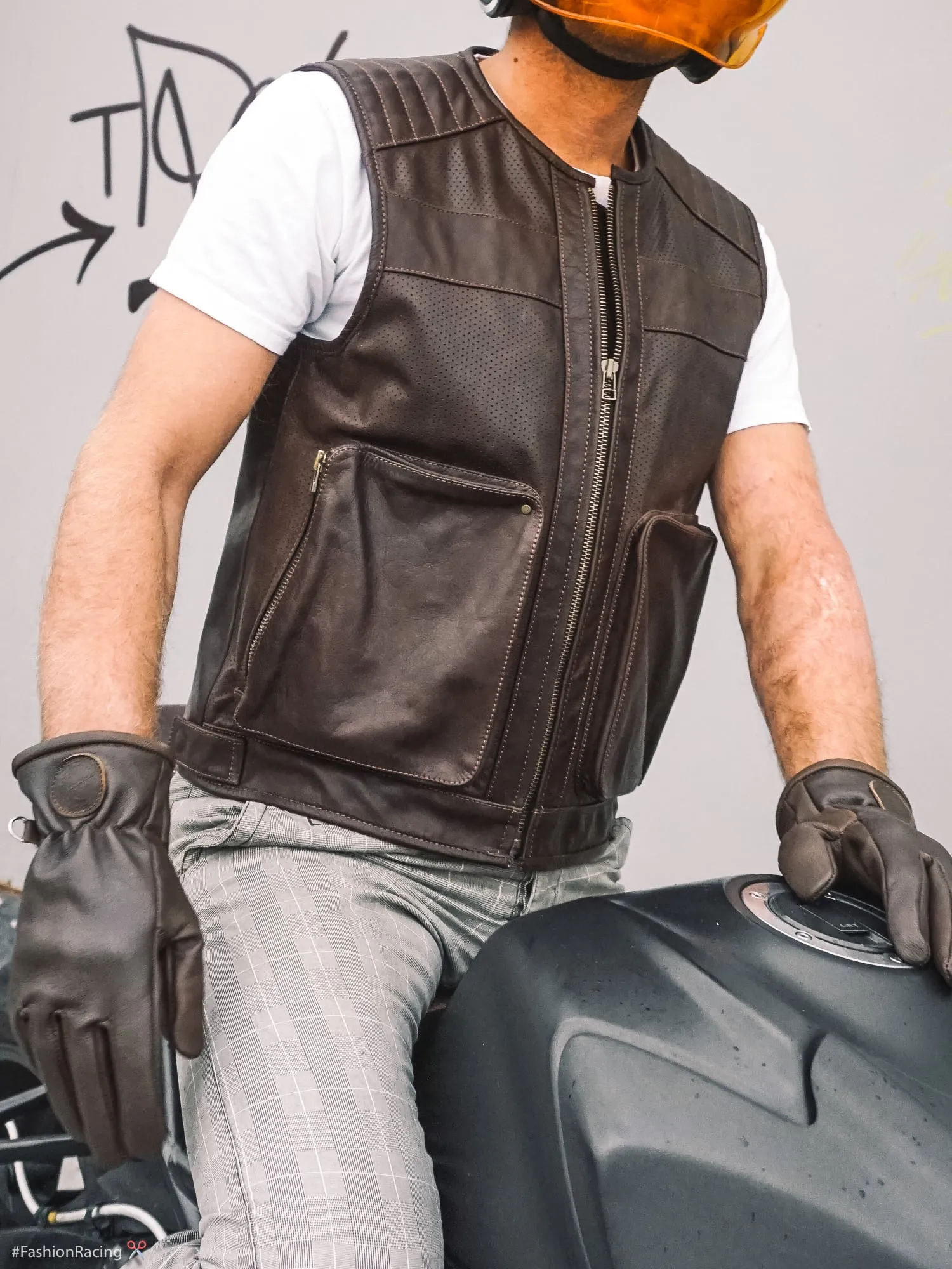 Motorcycle Rider Vest | Perforated Brown Leather | Handmade