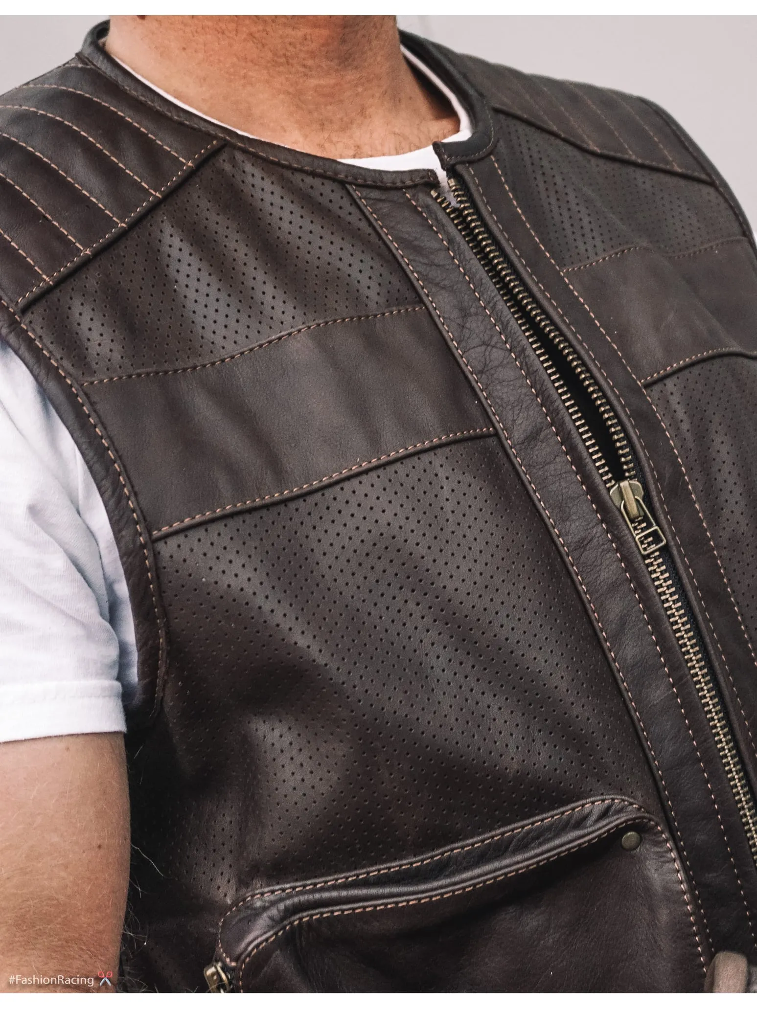 Motorcycle Rider Vest | Perforated Brown Leather | Handmade