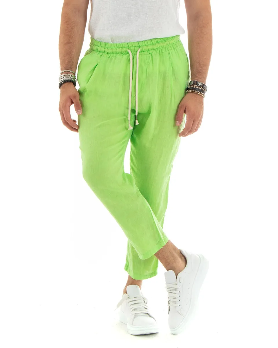 Pantaloni Uomo Lino Pantalaccio Lungo Elastico Verde Acido Casual Sartoriale GIOSAL-P5829A