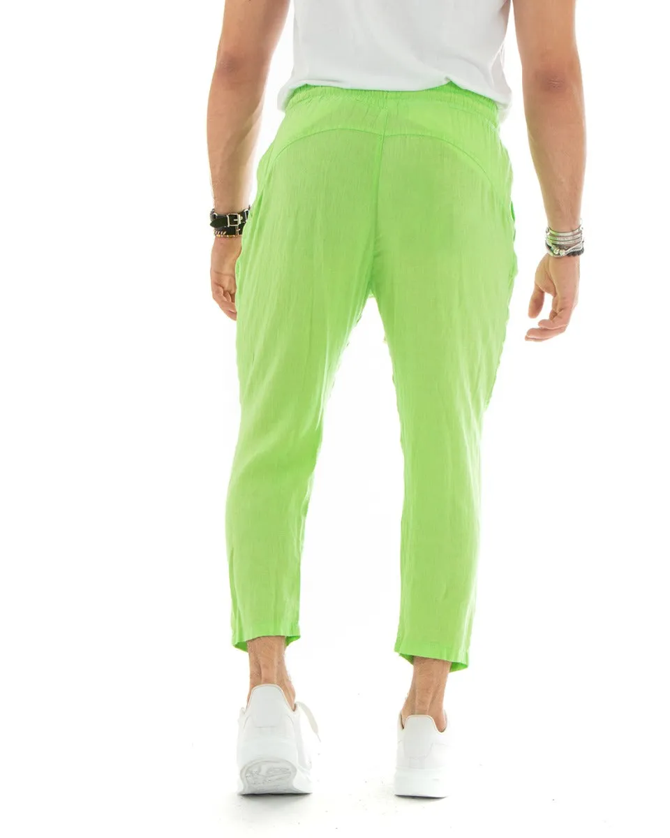 Pantaloni Uomo Lino Pantalaccio Lungo Elastico Verde Acido Casual Sartoriale GIOSAL-P5829A