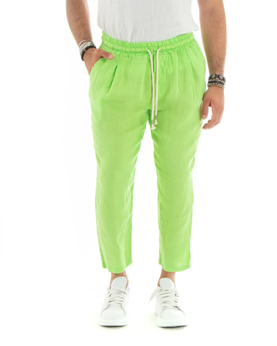 Pantaloni Uomo Lino Pantalaccio Lungo Elastico Verde Acido Casual Sartoriale GIOSAL-P5829A