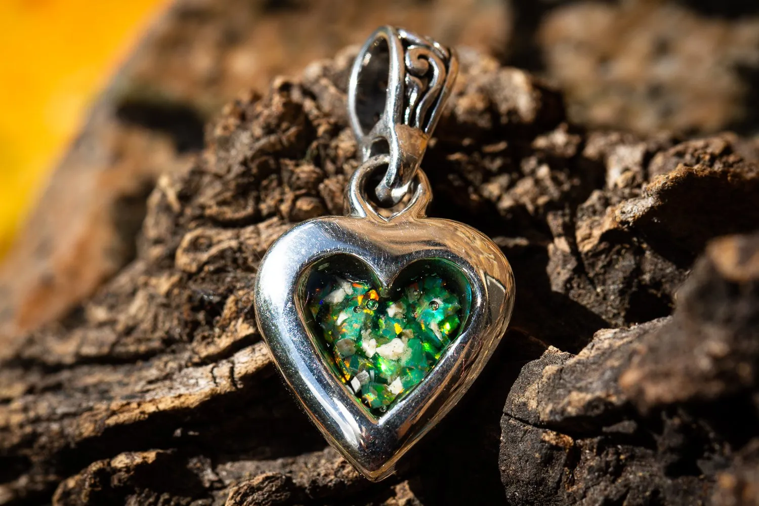 Petite Sterling Silver Heart Pendant with Crushed Opal and Cremation Ash