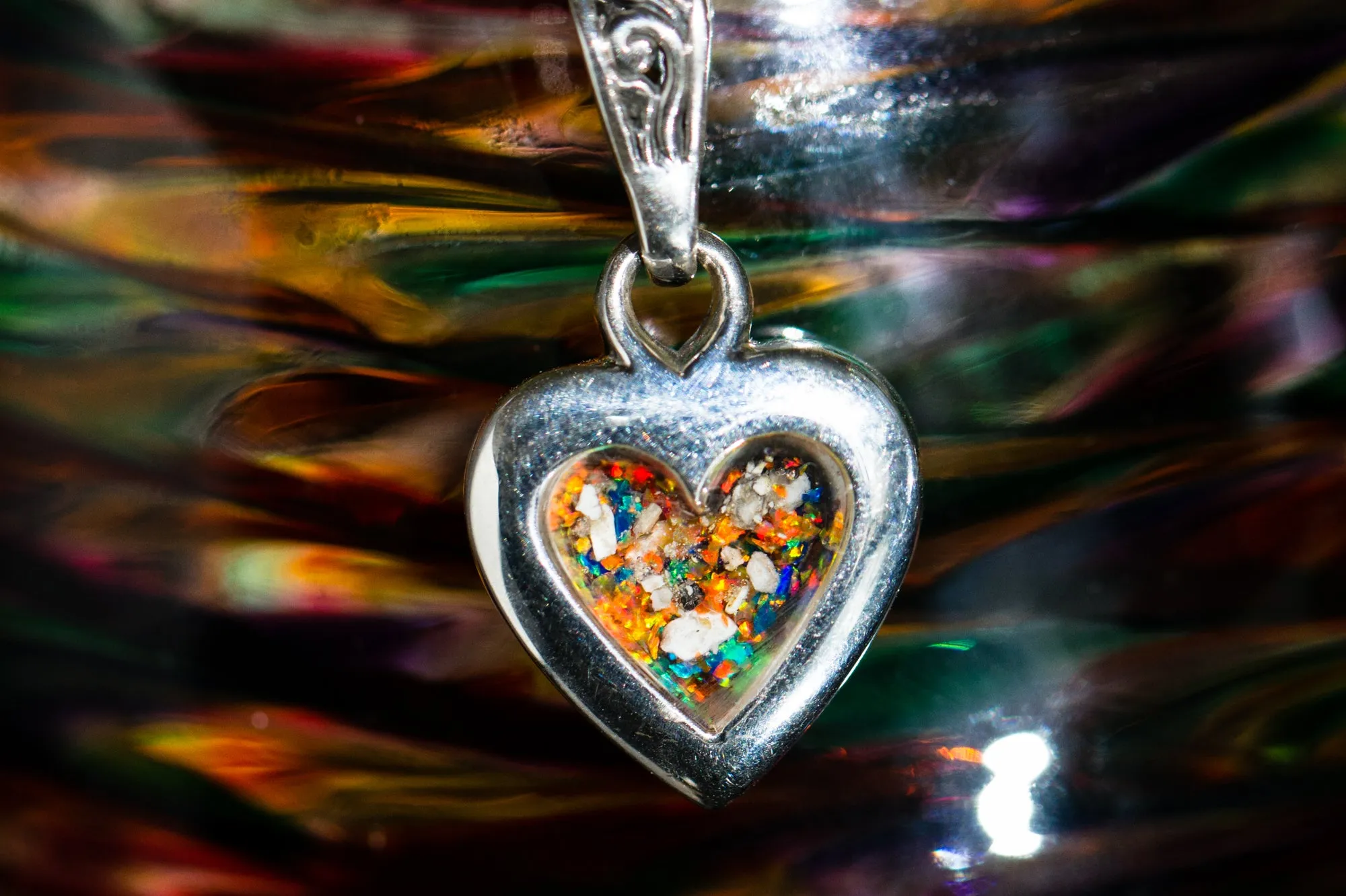 Petite Sterling Silver Heart Pendant with Crushed Opal and Cremation Ash