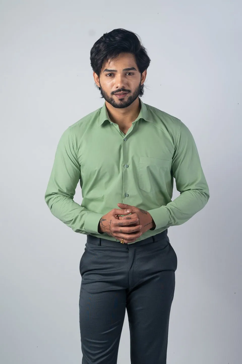 Pista Green Color Lycra Twill Cotton Shirt For Men