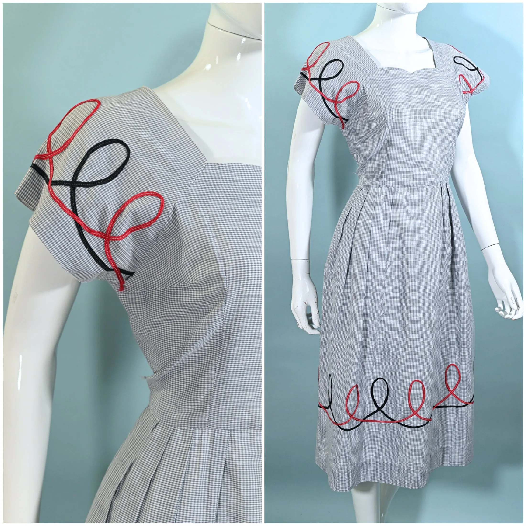 Vintage 40s Grey Gingham Dress w/Accent Trim, Sun Seeker M