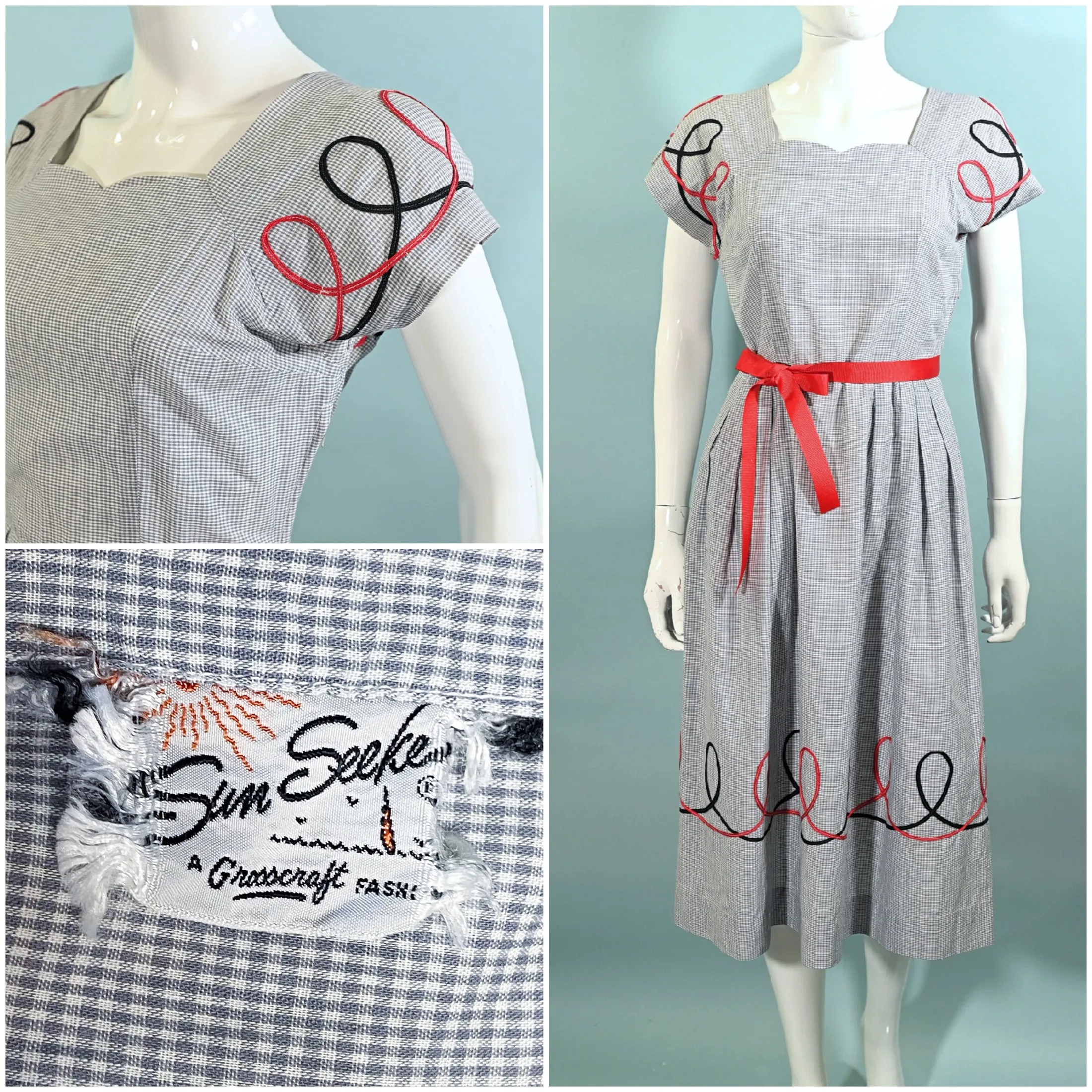 Vintage 40s Grey Gingham Dress w/Accent Trim, Sun Seeker M