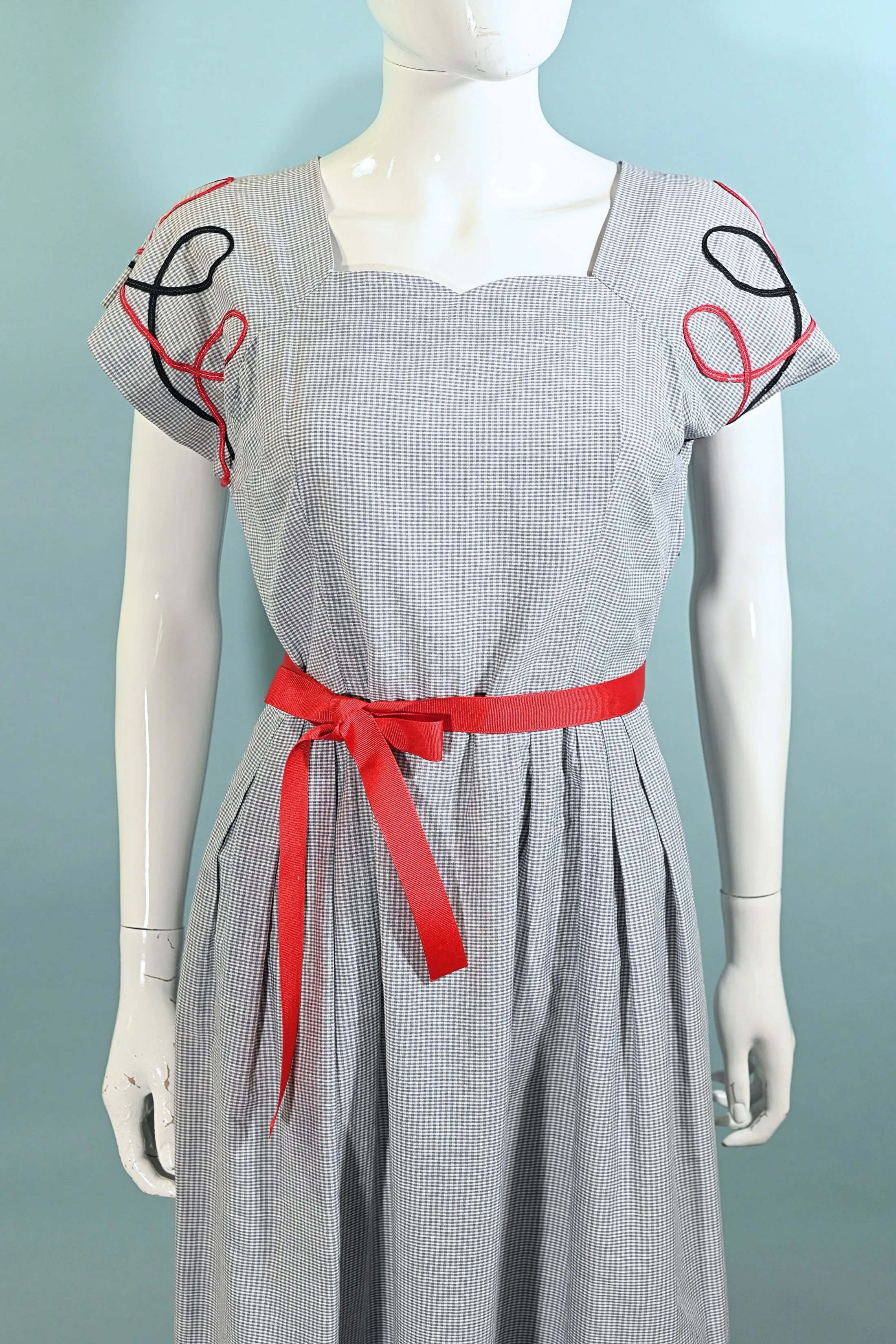 Vintage 40s Grey Gingham Dress w/Accent Trim, Sun Seeker M