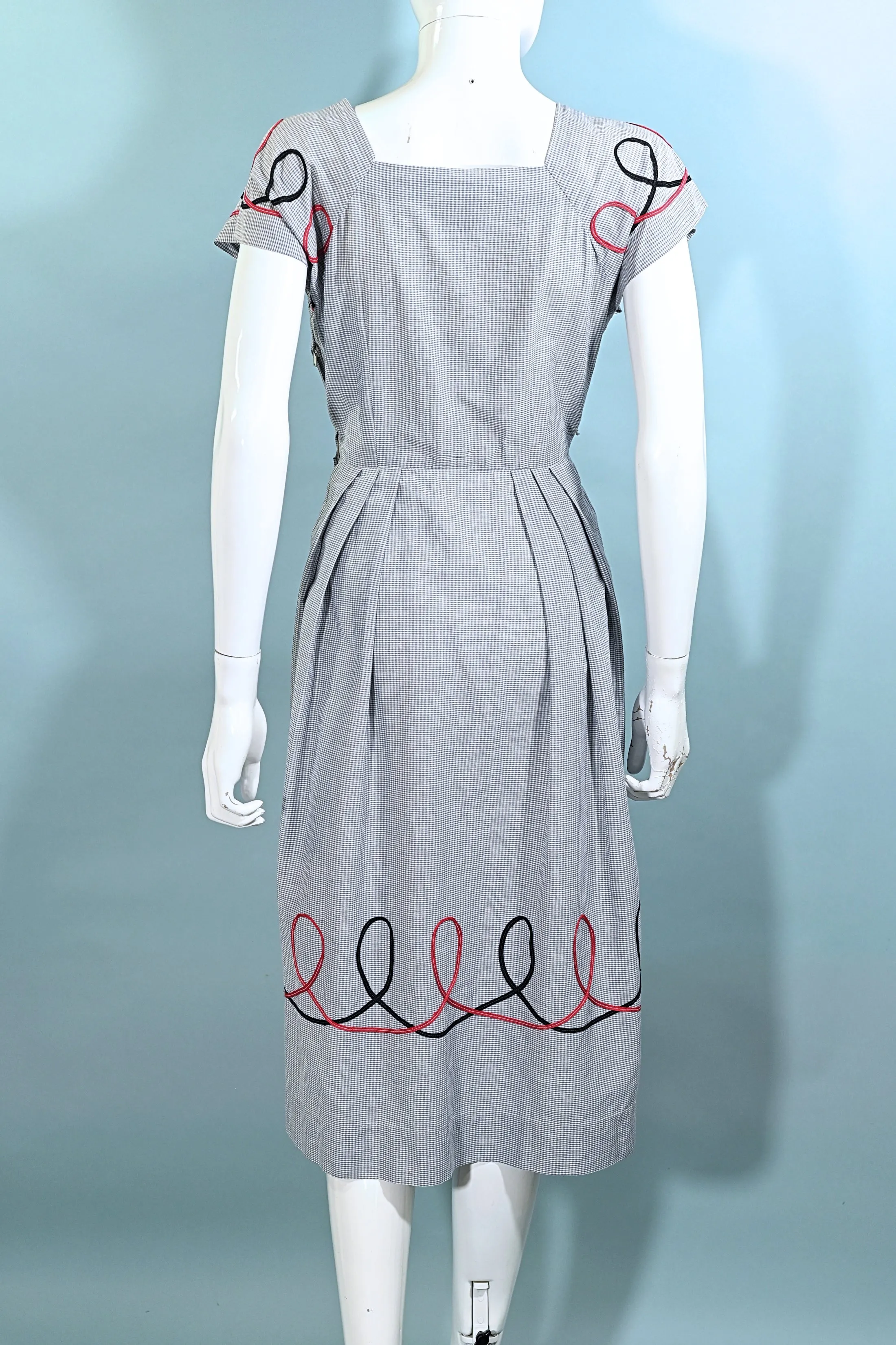 Vintage 40s Grey Gingham Dress w/Accent Trim, Sun Seeker M