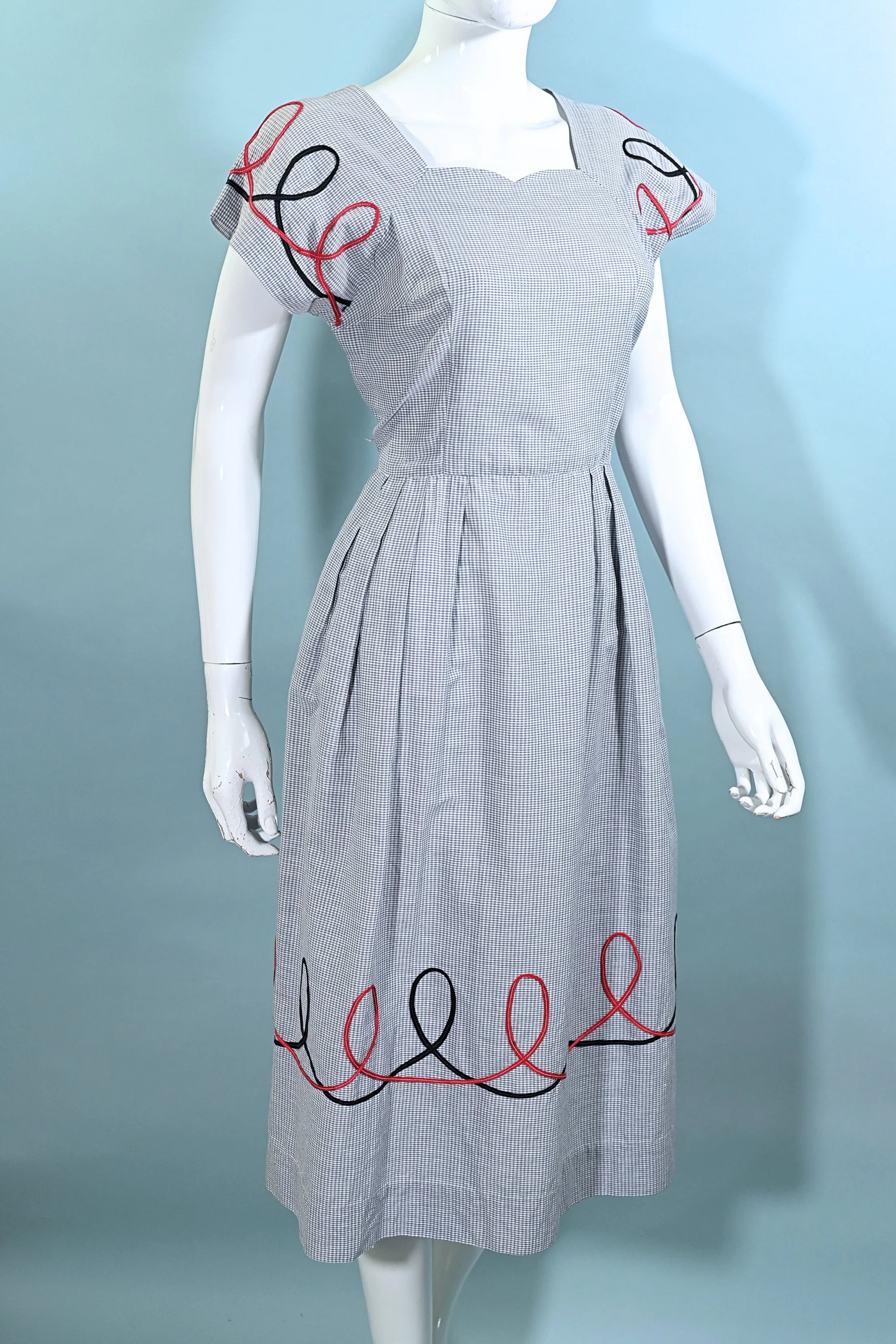 Vintage 40s Grey Gingham Dress w/Accent Trim, Sun Seeker M