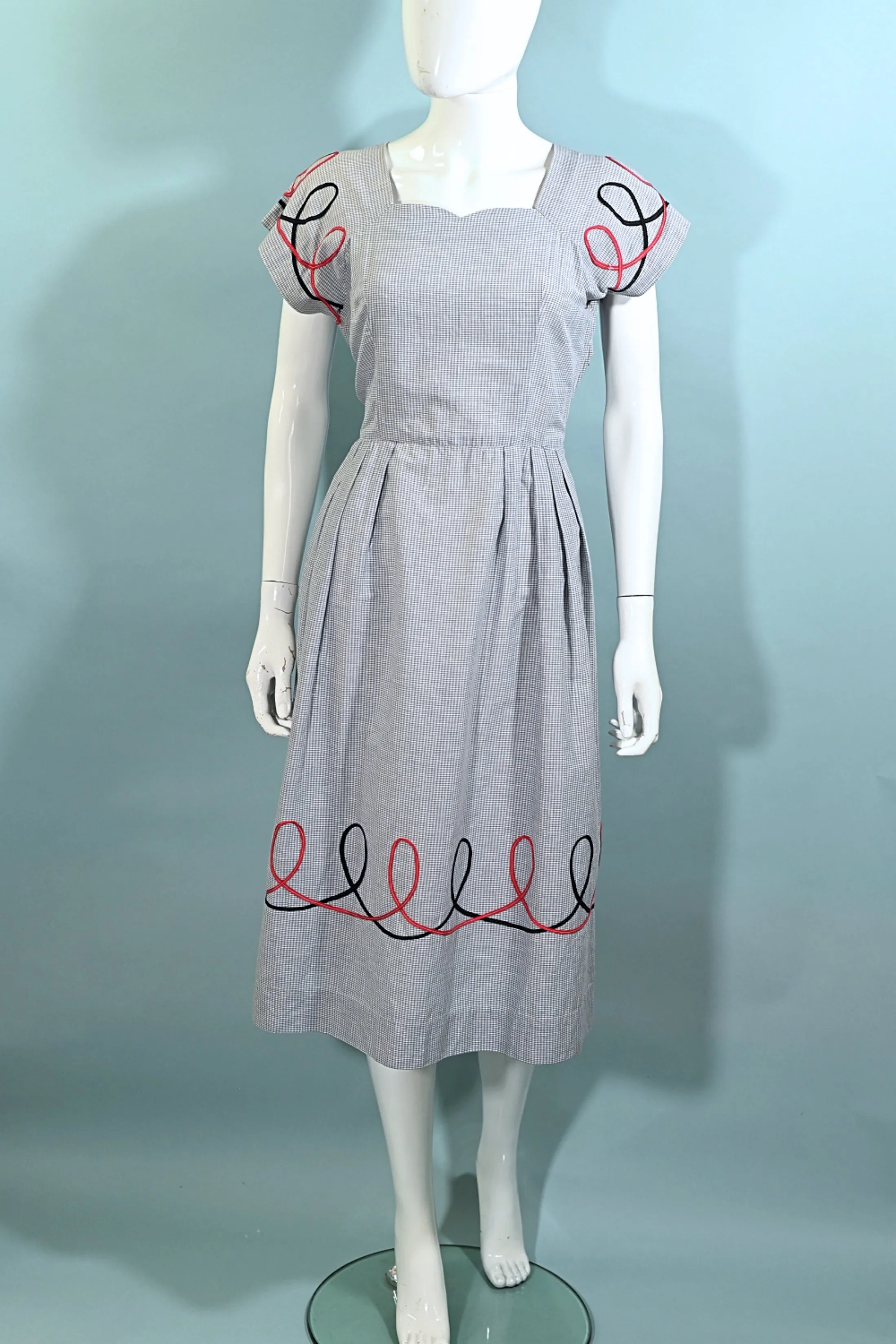 Vintage 40s Grey Gingham Dress w/Accent Trim, Sun Seeker M