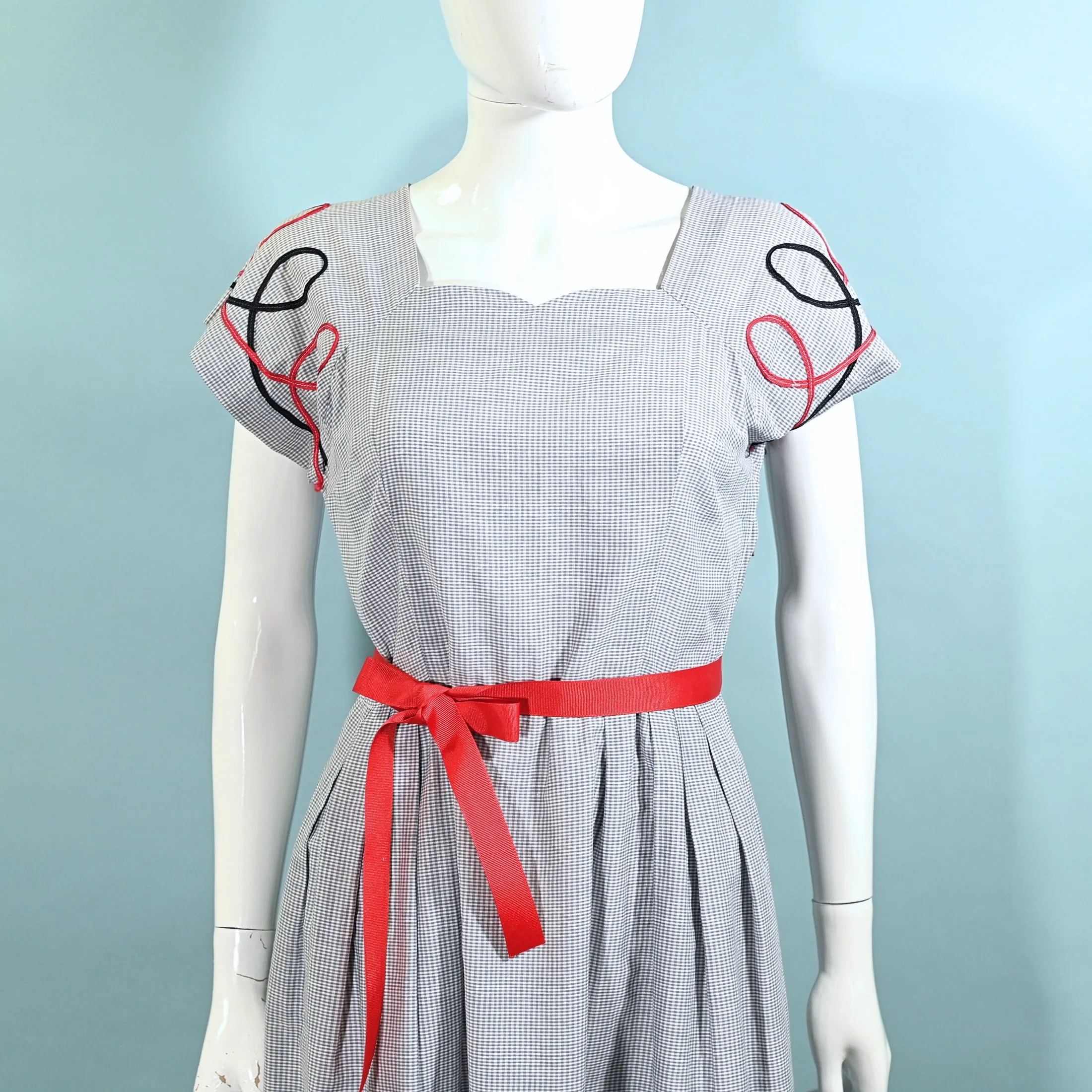 Vintage 40s Grey Gingham Dress w/Accent Trim, Sun Seeker M